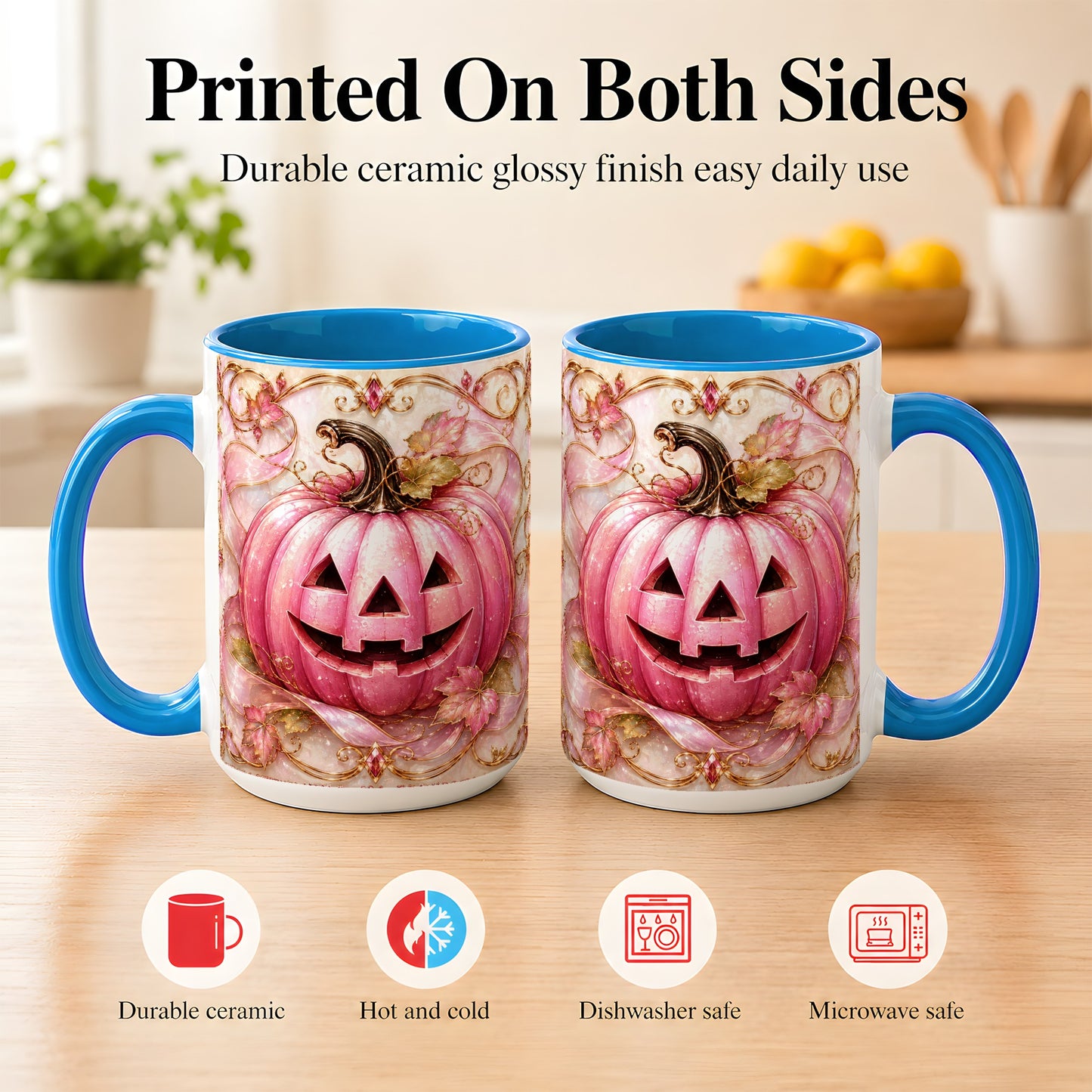 #pl[15oz|Blue] Pink Pumpkin Coffee Mug, Halloween Jack O Lantern Mug, Ceramic Cup