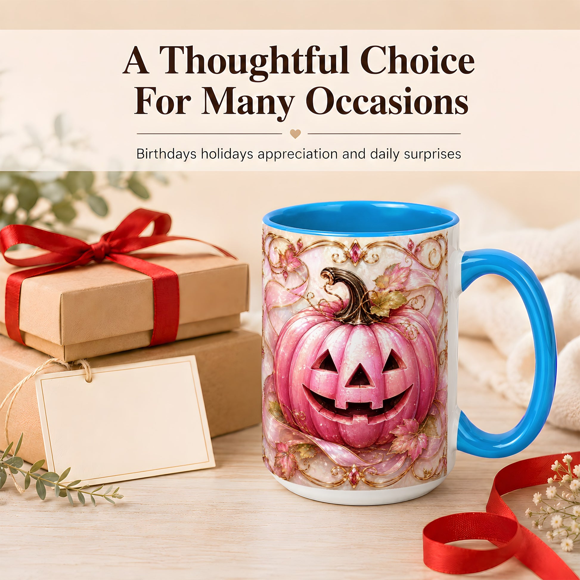 #pl[15oz|Blue] Pink Pumpkin Coffee Mug, Halloween Jack O Lantern Mug, Ceramic Cup