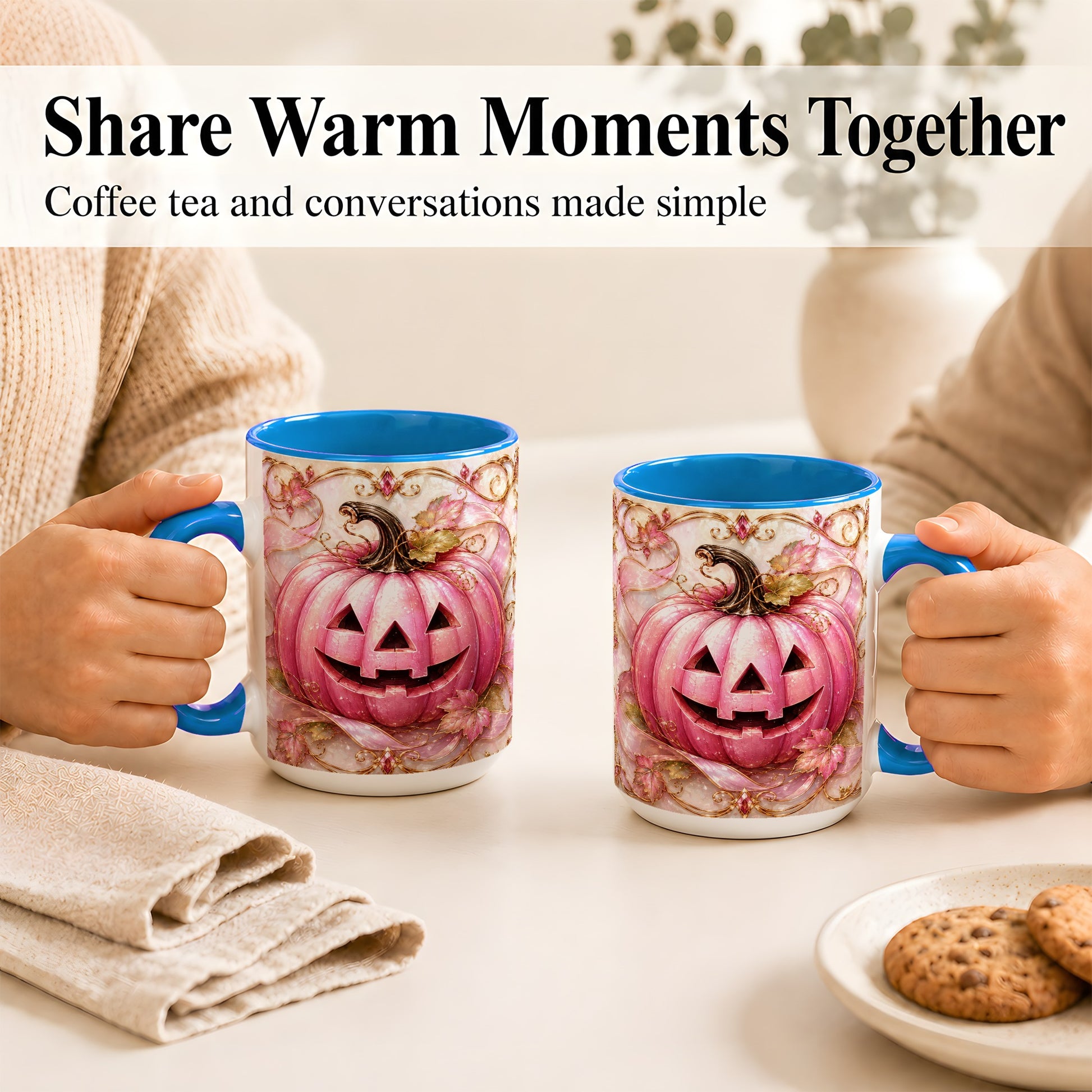 #pl[15oz|Blue] Pink Pumpkin Coffee Mug, Halloween Jack O Lantern Mug, Ceramic Cup