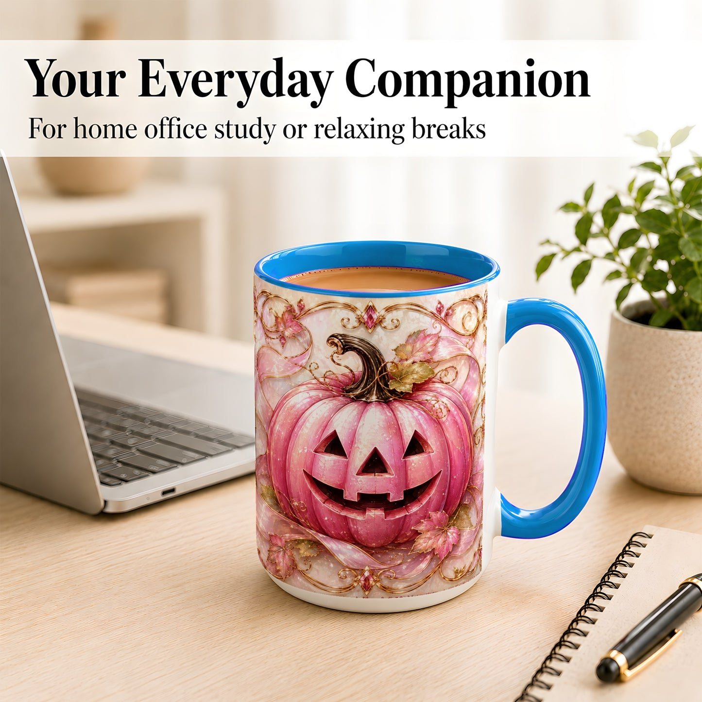 #pl[15oz|Blue] Pink Pumpkin Coffee Mug, Halloween Jack O Lantern Mug, Ceramic Cup