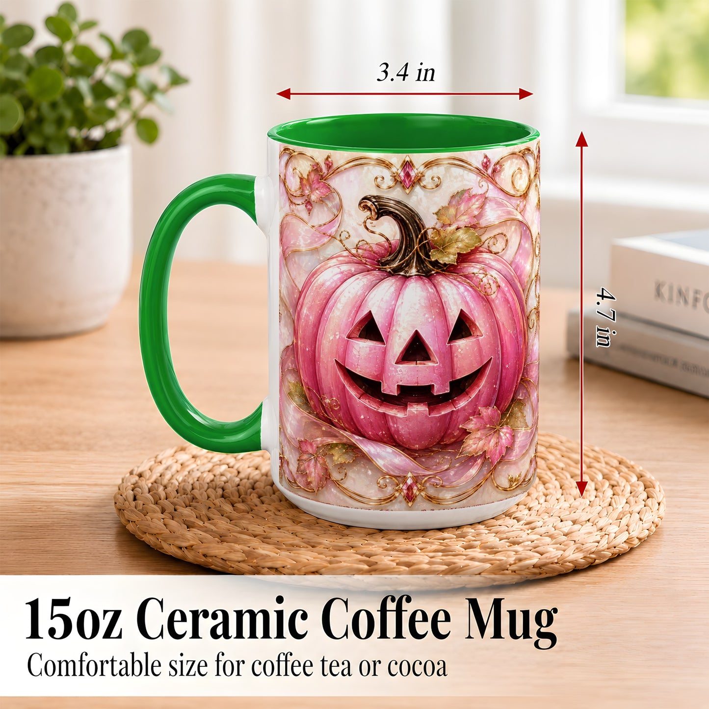 #pl[15oz|Green] Pink Pumpkin Coffee Mug, Halloween Jack O Lantern Mug, Ceramic Cup