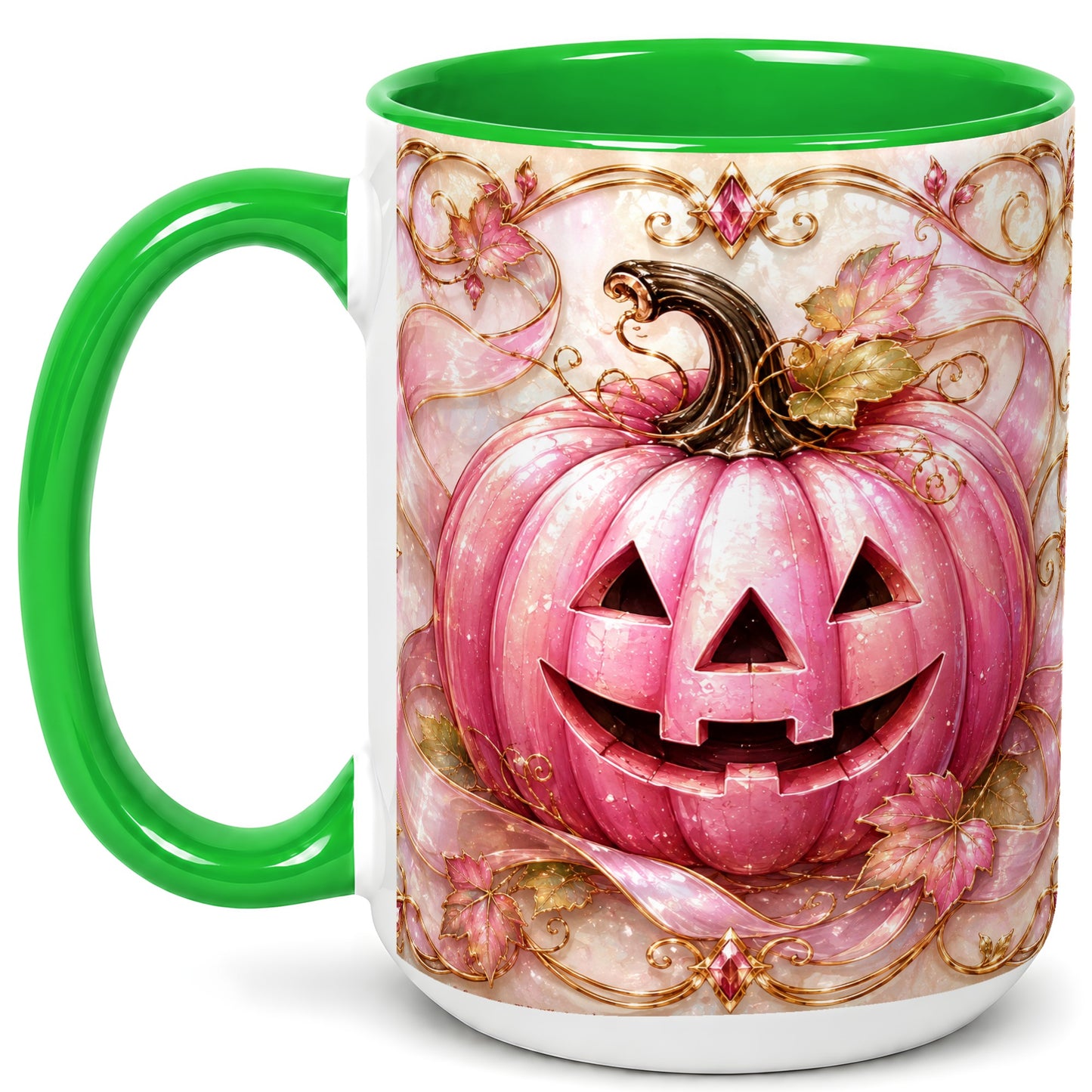 #pl[15oz|Green] Pink Pumpkin Coffee Mug, Halloween Jack O Lantern Mug, Ceramic Cup