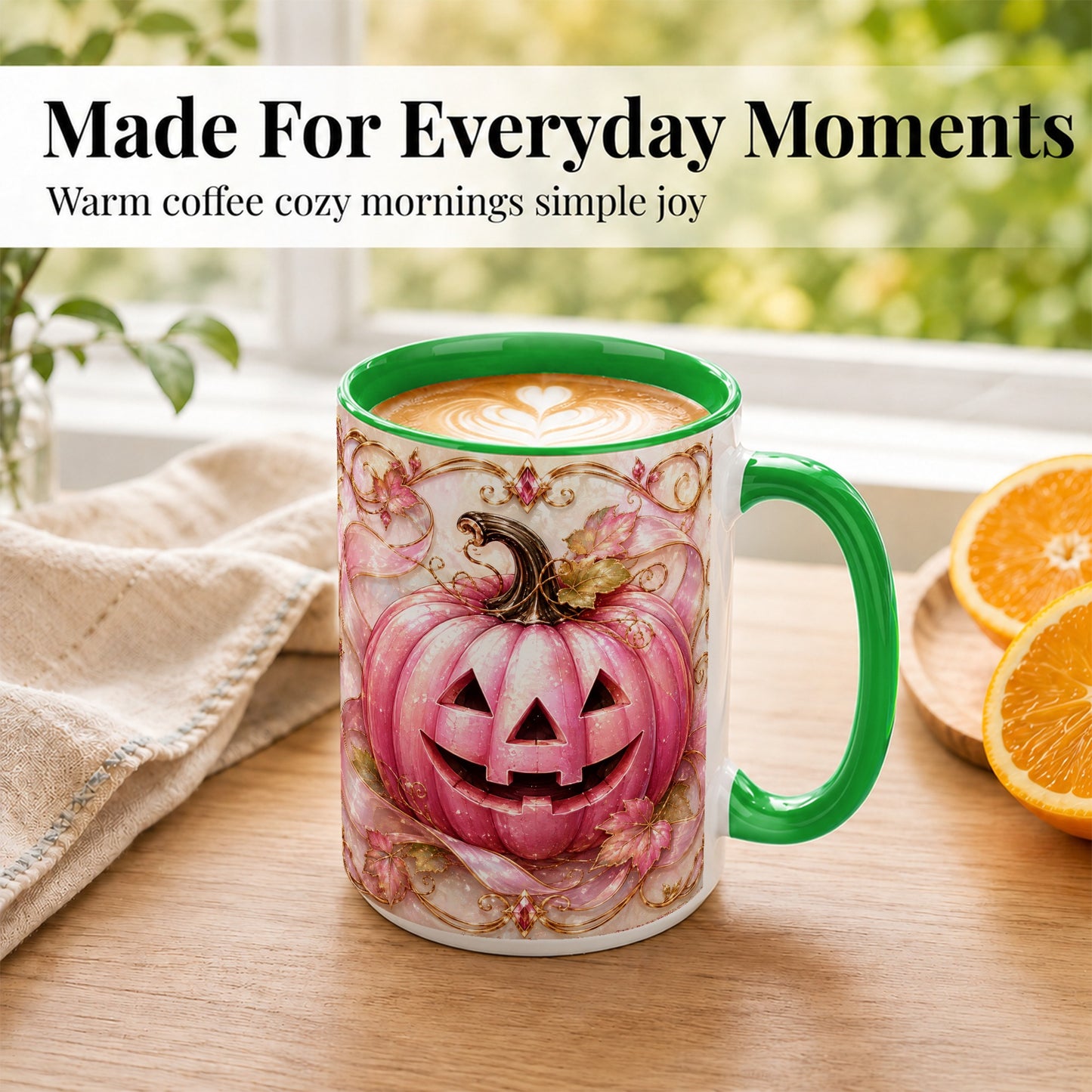 #pl[15oz|Green] Pink Pumpkin Coffee Mug, Halloween Jack O Lantern Mug, Ceramic Cup