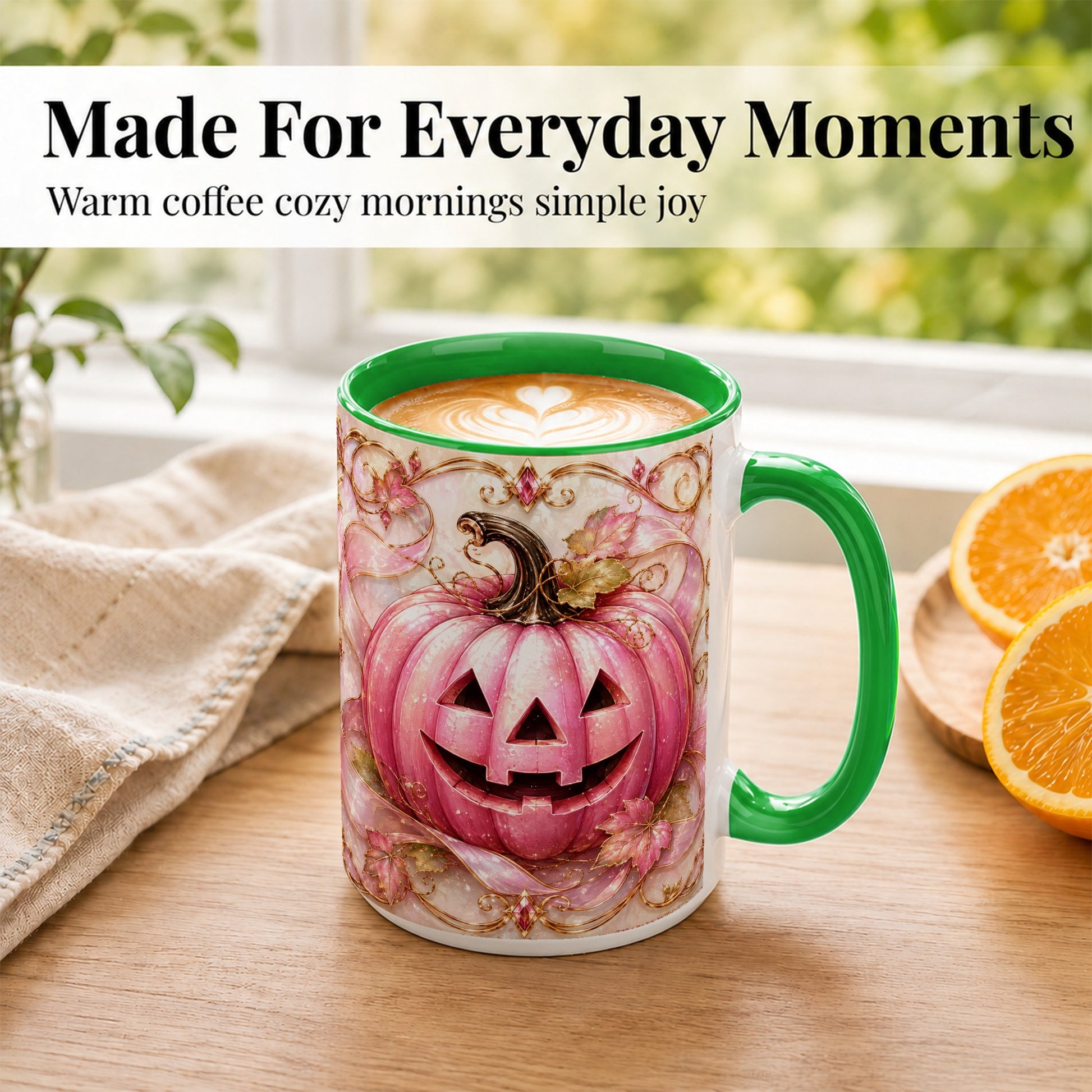 #pl[15oz|Green] Pink Pumpkin Coffee Mug, Halloween Jack O Lantern Mug, Ceramic Cup