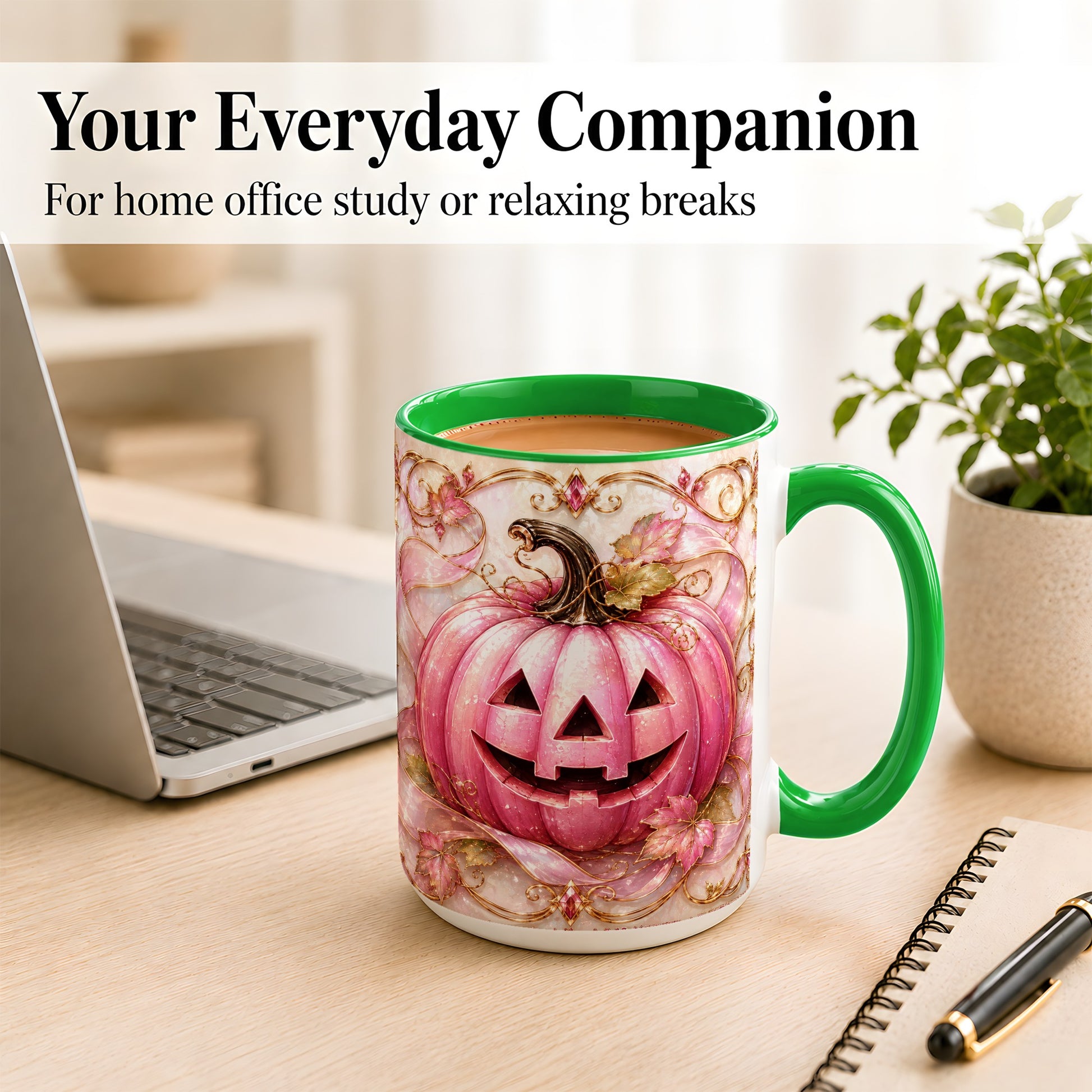 #pl[15oz|Green] Pink Pumpkin Coffee Mug, Halloween Jack O Lantern Mug, Ceramic Cup