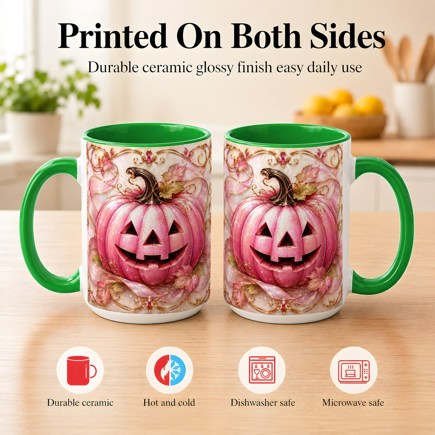 #pl[15oz|Green] Pink Pumpkin Coffee Mug, Halloween Jack O Lantern Mug, Ceramic Cup