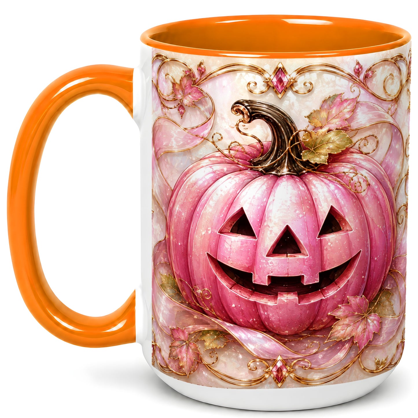 #pl[15oz|Orange] Pink Pumpkin Coffee Mug, Halloween Jack O Lantern Mug, Ceramic Cup