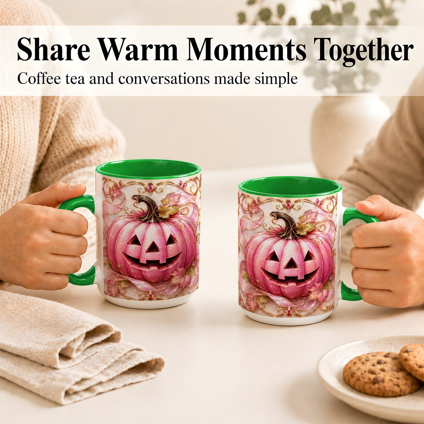 #pl[15oz|Green] Pink Pumpkin Coffee Mug, Halloween Jack O Lantern Mug, Ceramic Cup