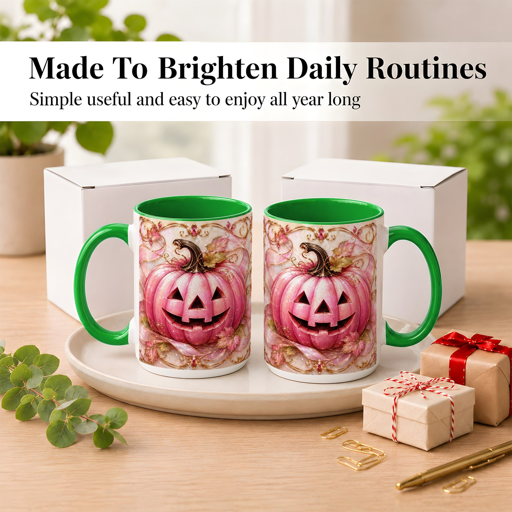 #pl[15oz|Green] Pink Pumpkin Coffee Mug, Halloween Jack O Lantern Mug, Ceramic Cup