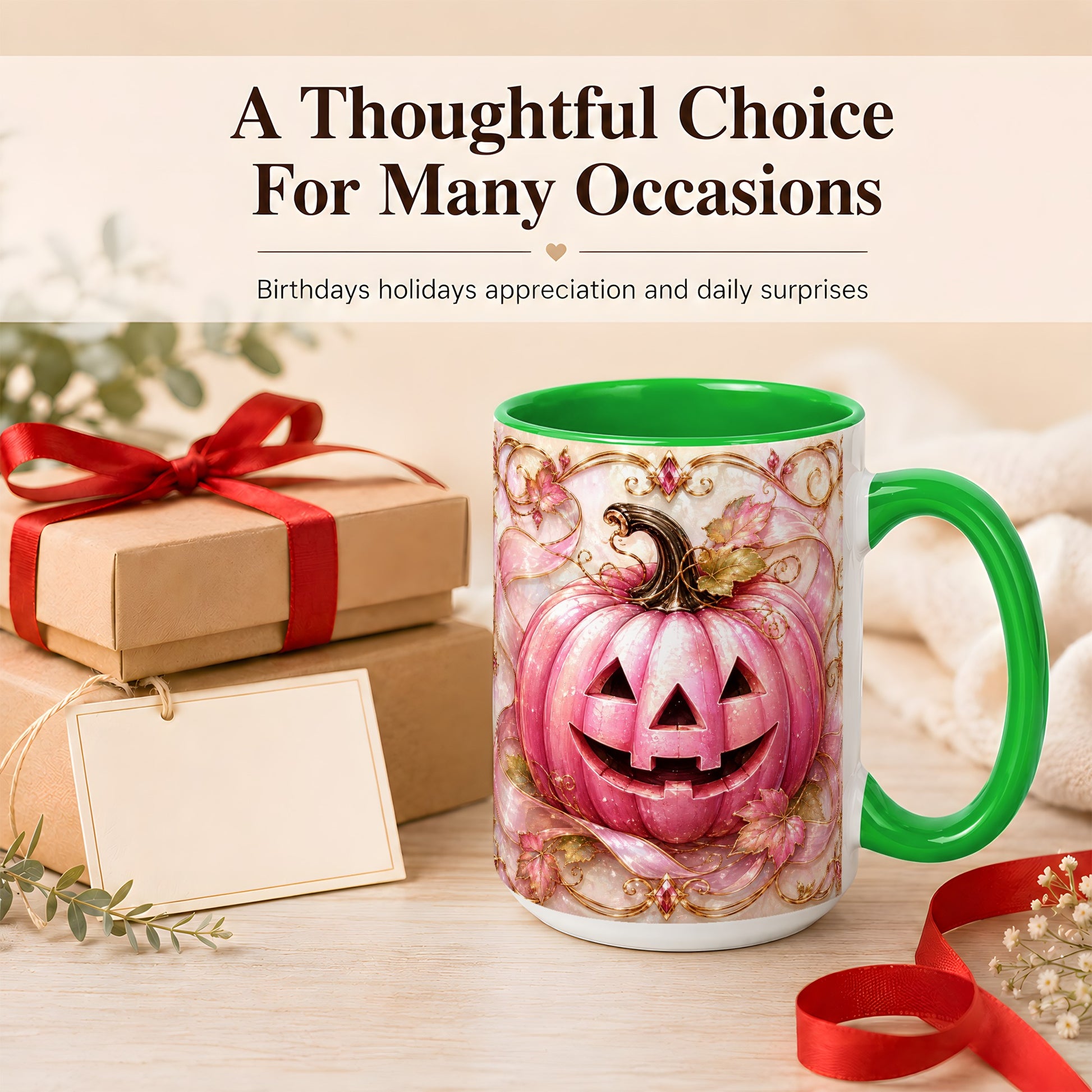 #pl[15oz|Green] Pink Pumpkin Coffee Mug, Halloween Jack O Lantern Mug, Ceramic Cup