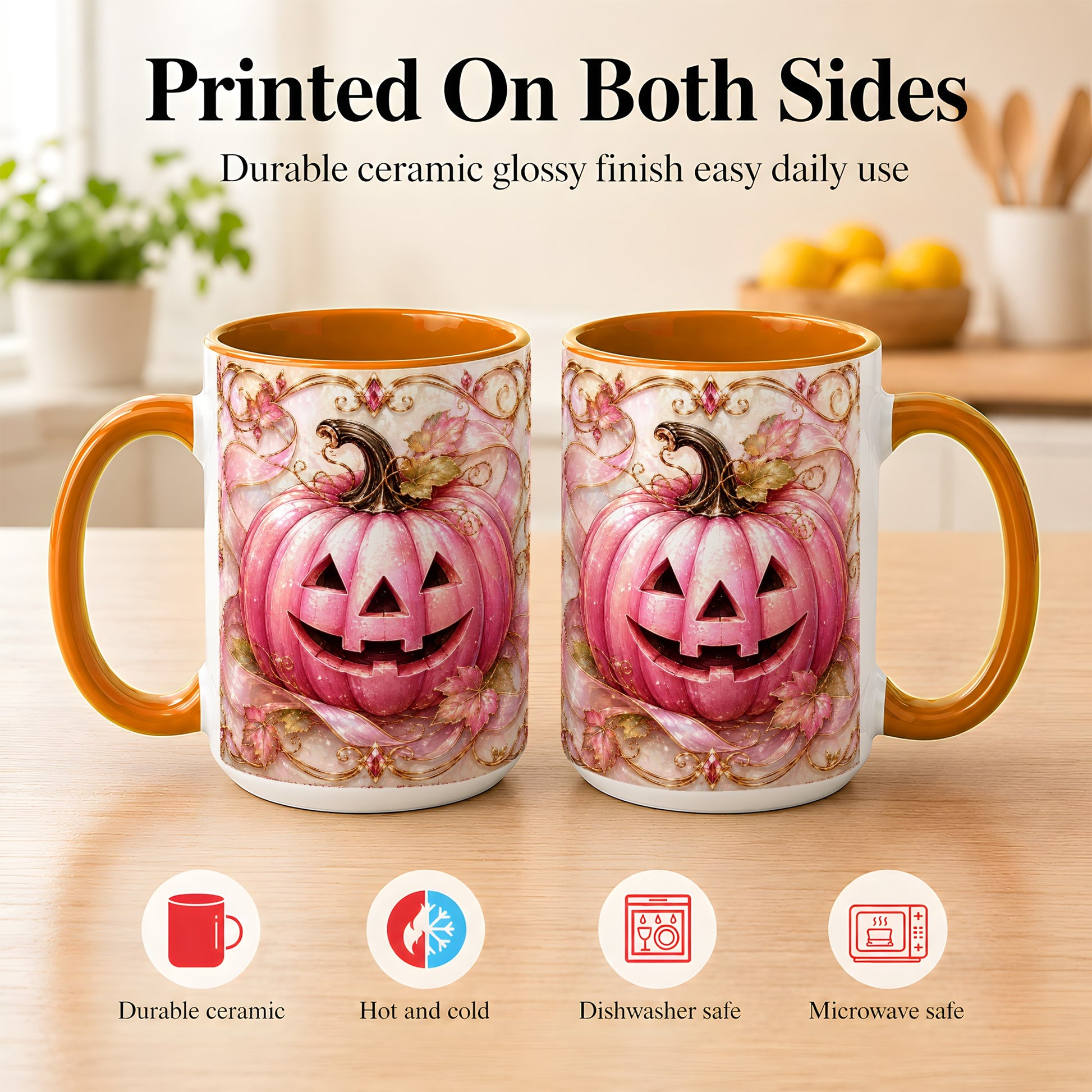#pl[15oz|Orange] Pink Pumpkin Coffee Mug, Halloween Jack O Lantern Mug, Ceramic Cup