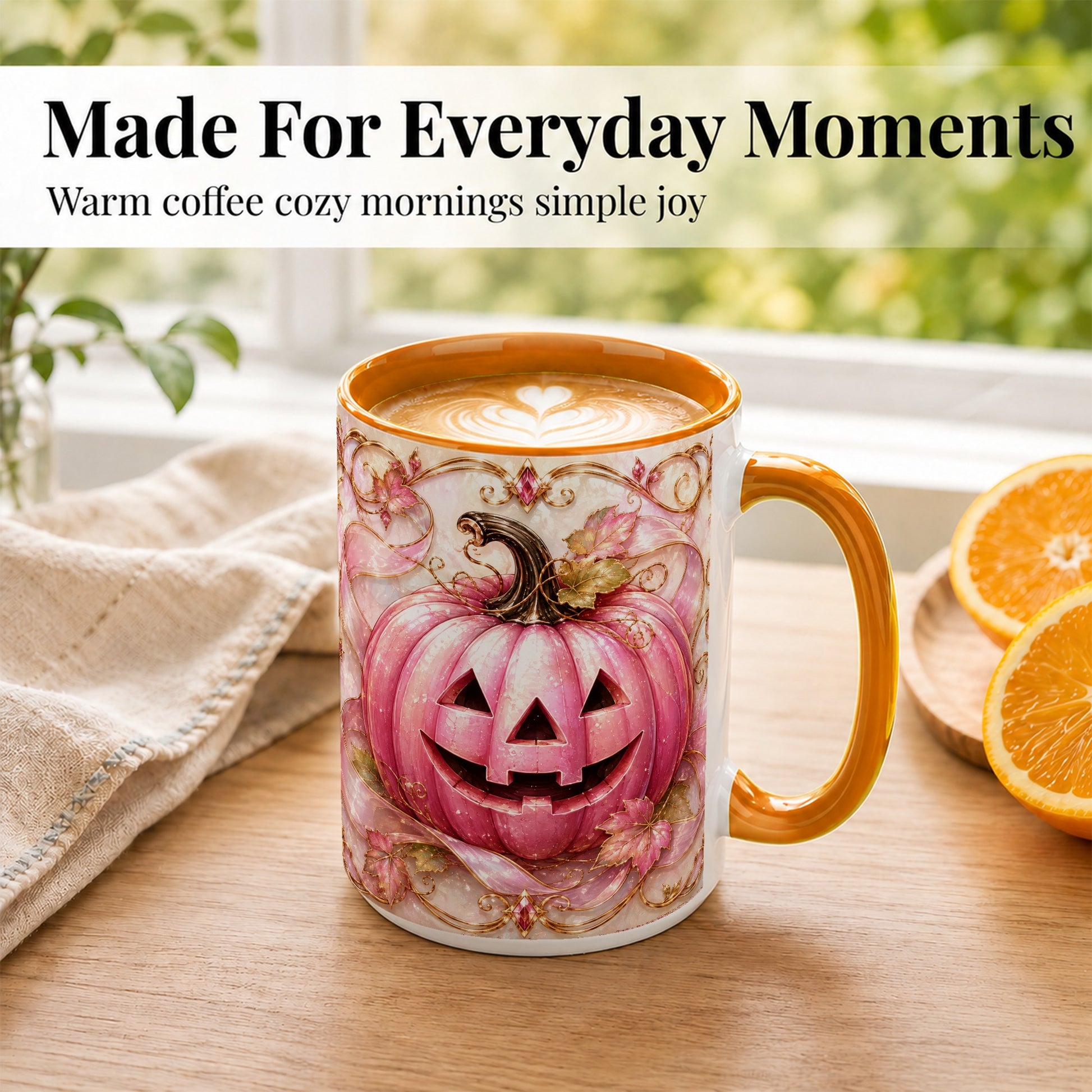 #pl[15oz|Orange] Pink Pumpkin Coffee Mug, Halloween Jack O Lantern Mug, Ceramic Cup