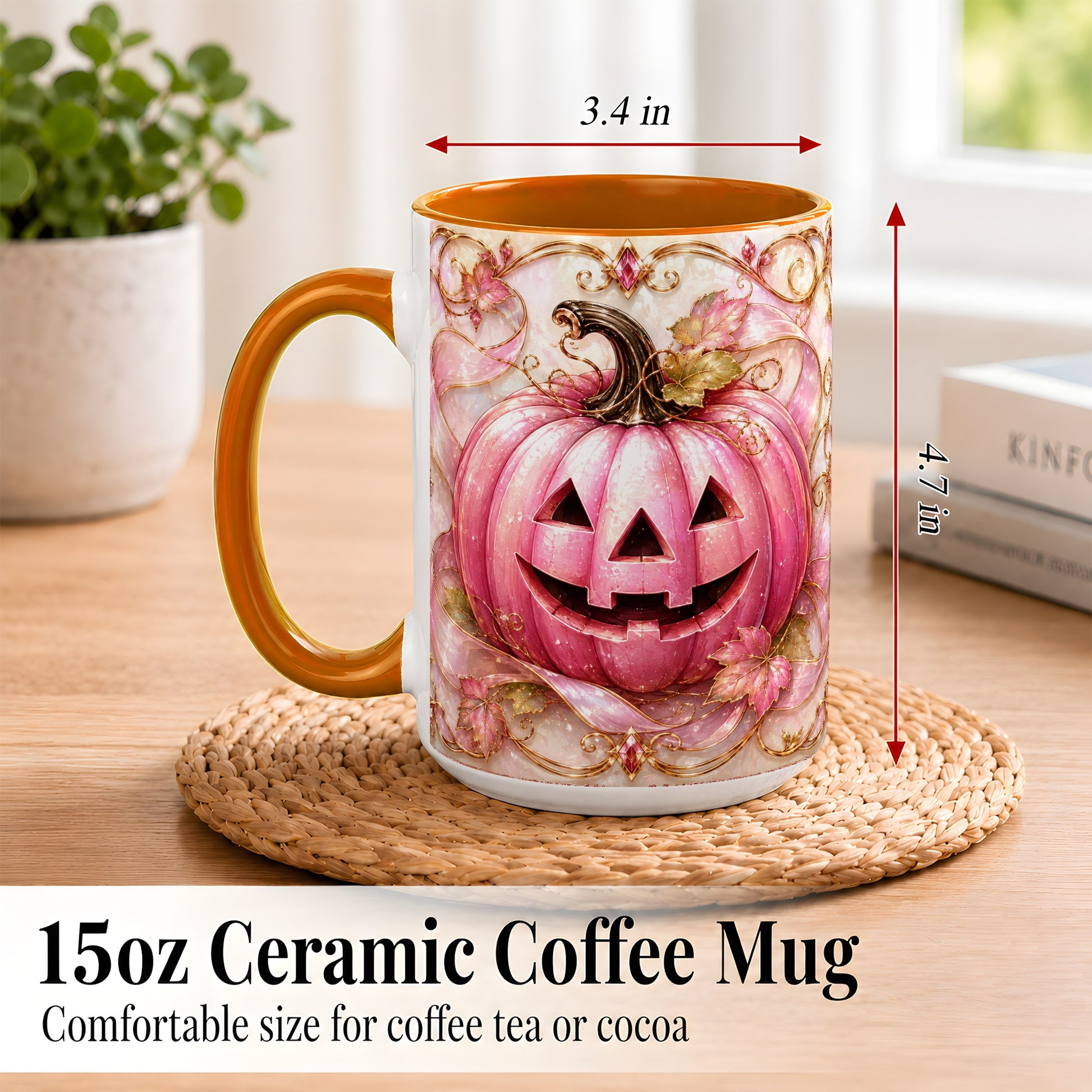 #pl[15oz|Orange] Pink Pumpkin Coffee Mug, Halloween Jack O Lantern Mug, Ceramic Cup