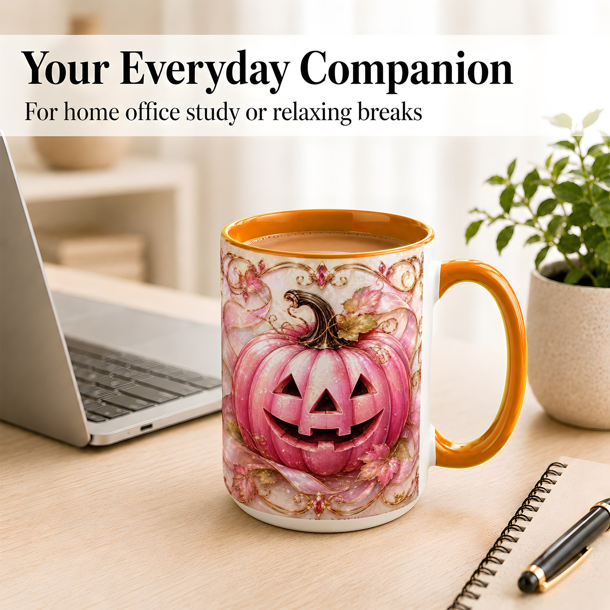 #pl[15oz|Orange] Pink Pumpkin Coffee Mug, Halloween Jack O Lantern Mug, Ceramic Cup