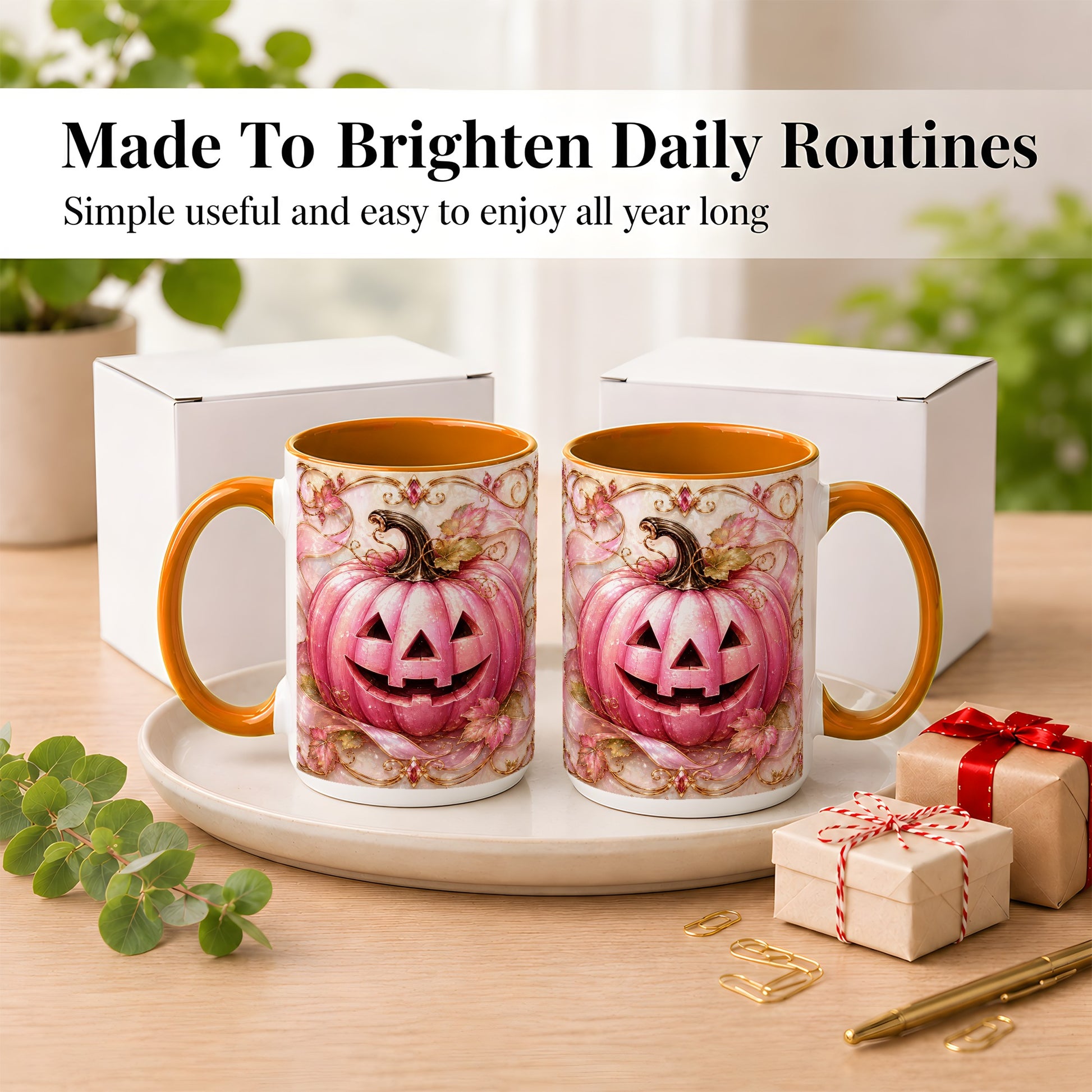 #pl[15oz|Orange] Pink Pumpkin Coffee Mug, Halloween Jack O Lantern Mug, Ceramic Cup