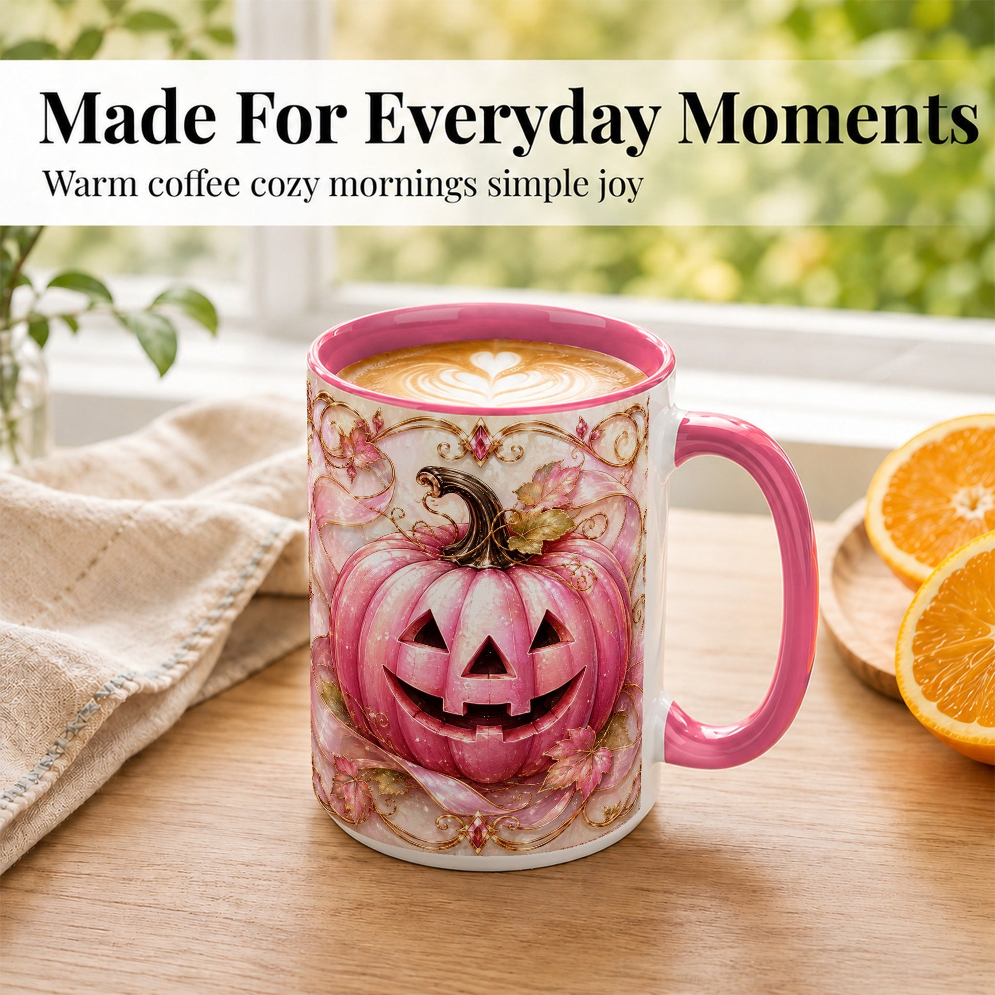 #pl[15oz|Pink] Pink Pumpkin Coffee Mug, Halloween Jack O Lantern Mug, Ceramic Cup