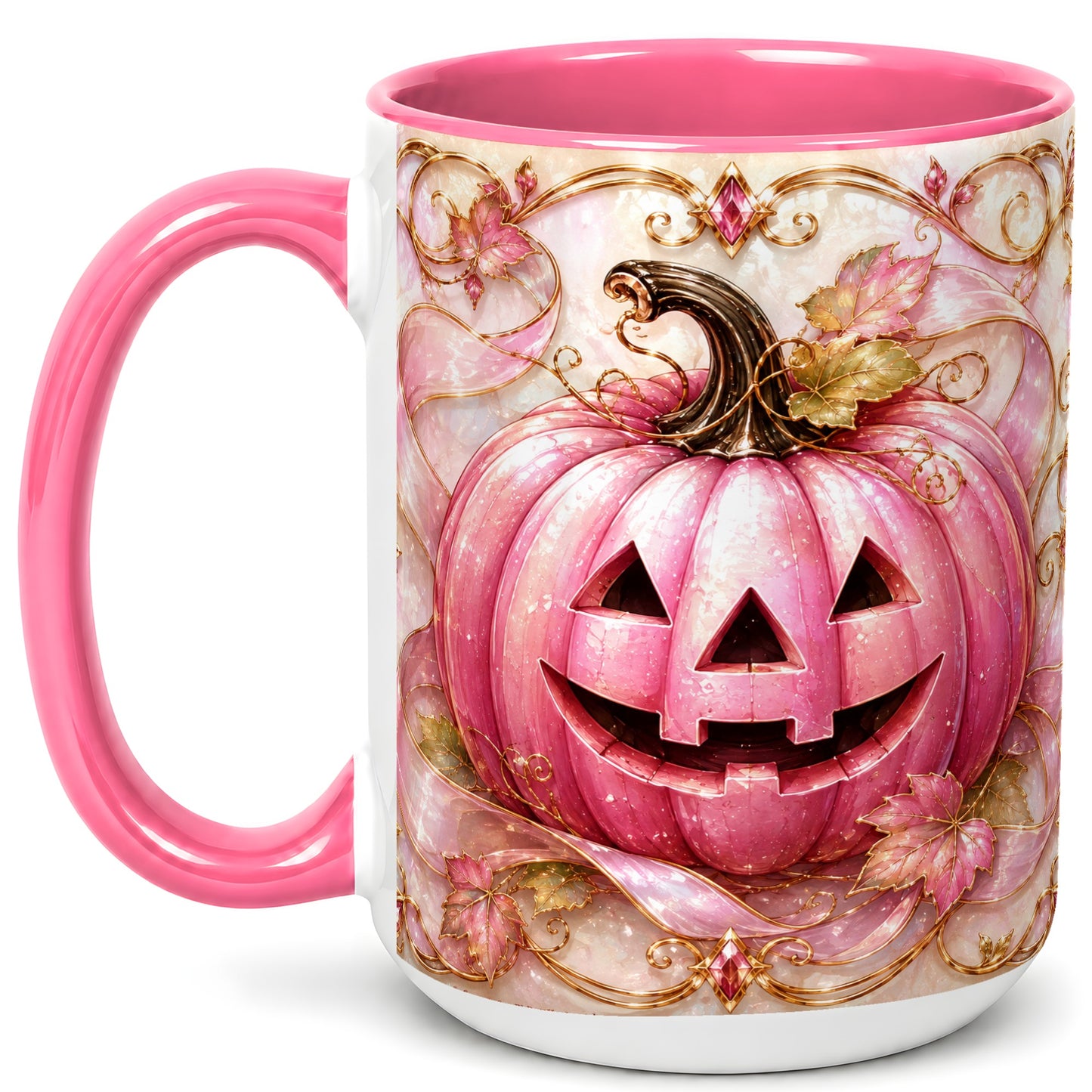 #pl[15oz|Pink] Pink Pumpkin Coffee Mug, Halloween Jack O Lantern Mug, Ceramic Cup