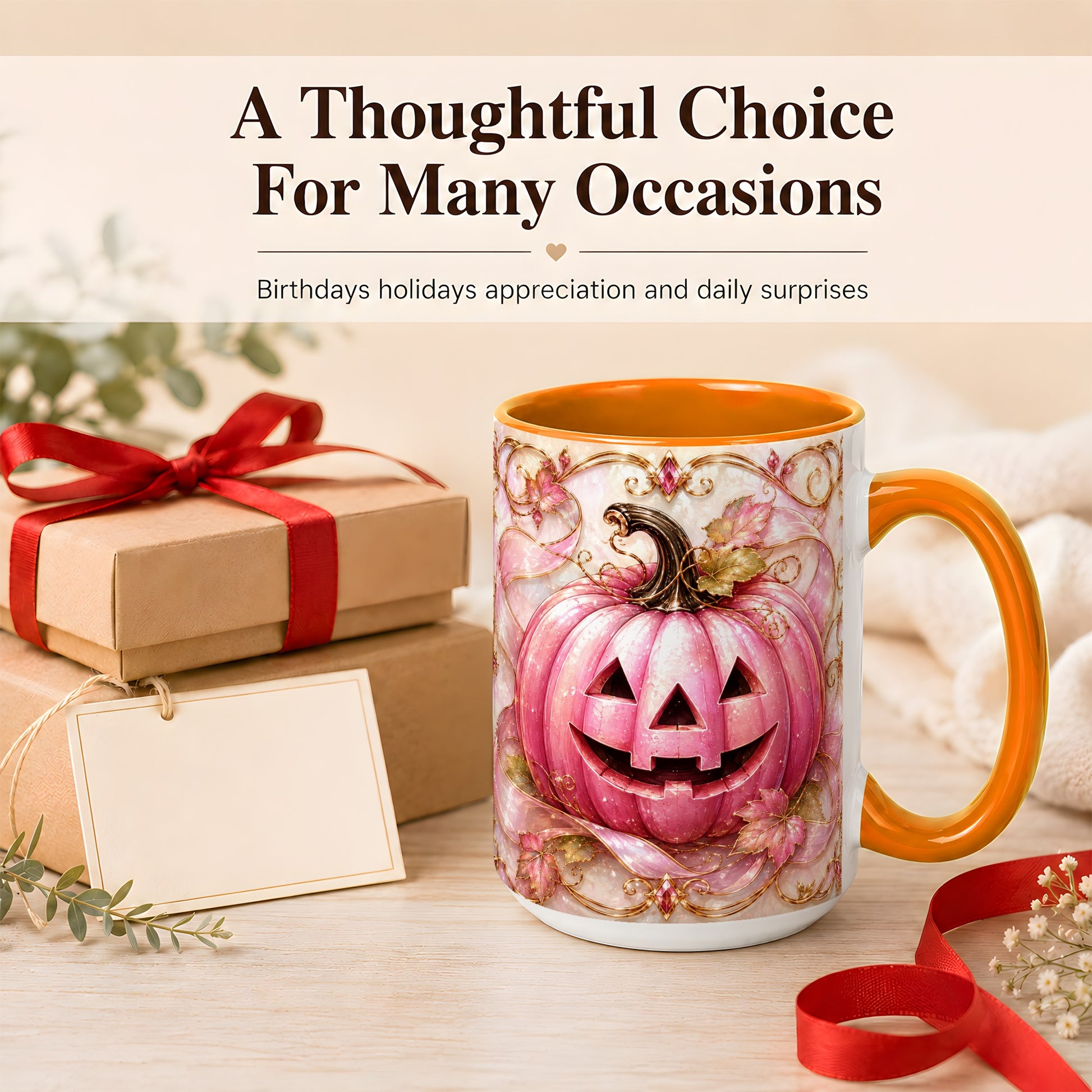 #pl[15oz|Orange] Pink Pumpkin Coffee Mug, Halloween Jack O Lantern Mug, Ceramic Cup