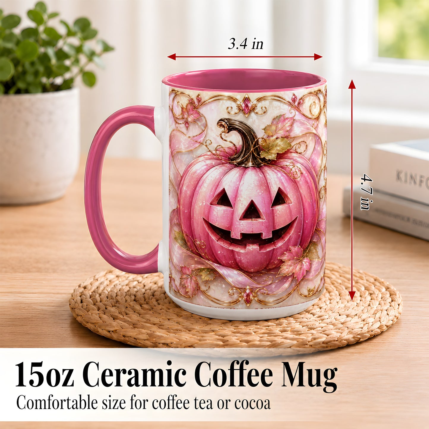#pl[15oz|Pink] Pink Pumpkin Coffee Mug, Halloween Jack O Lantern Mug, Ceramic Cup