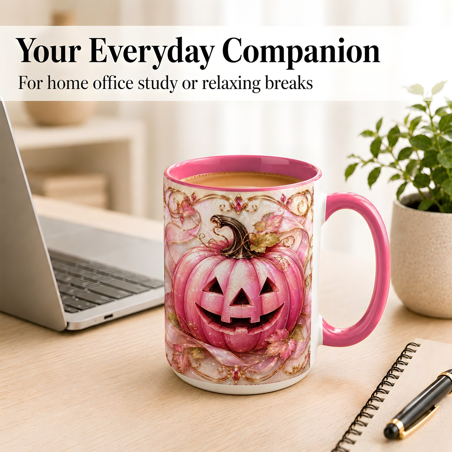 #pl[15oz|Pink] Pink Pumpkin Coffee Mug, Halloween Jack O Lantern Mug, Ceramic Cup