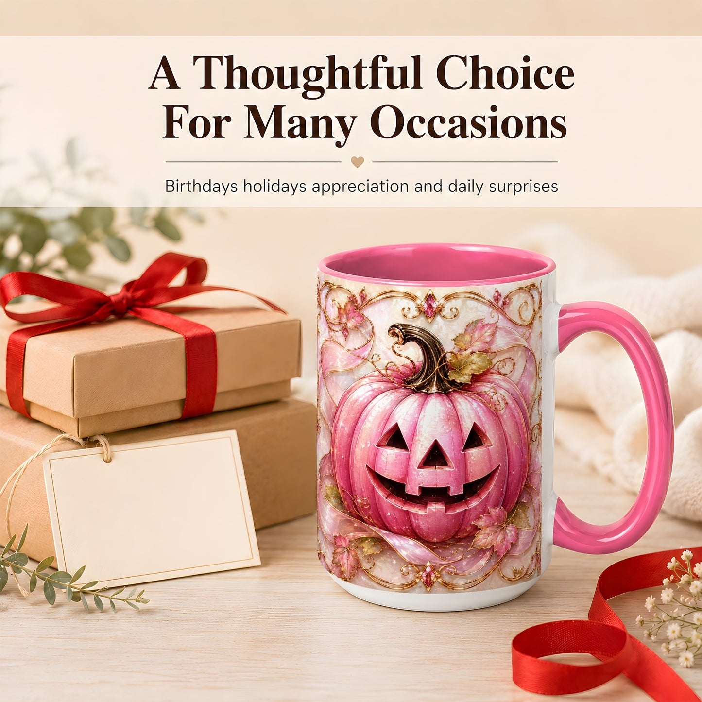 #pl[15oz|Pink] Pink Pumpkin Coffee Mug, Halloween Jack O Lantern Mug, Ceramic Cup