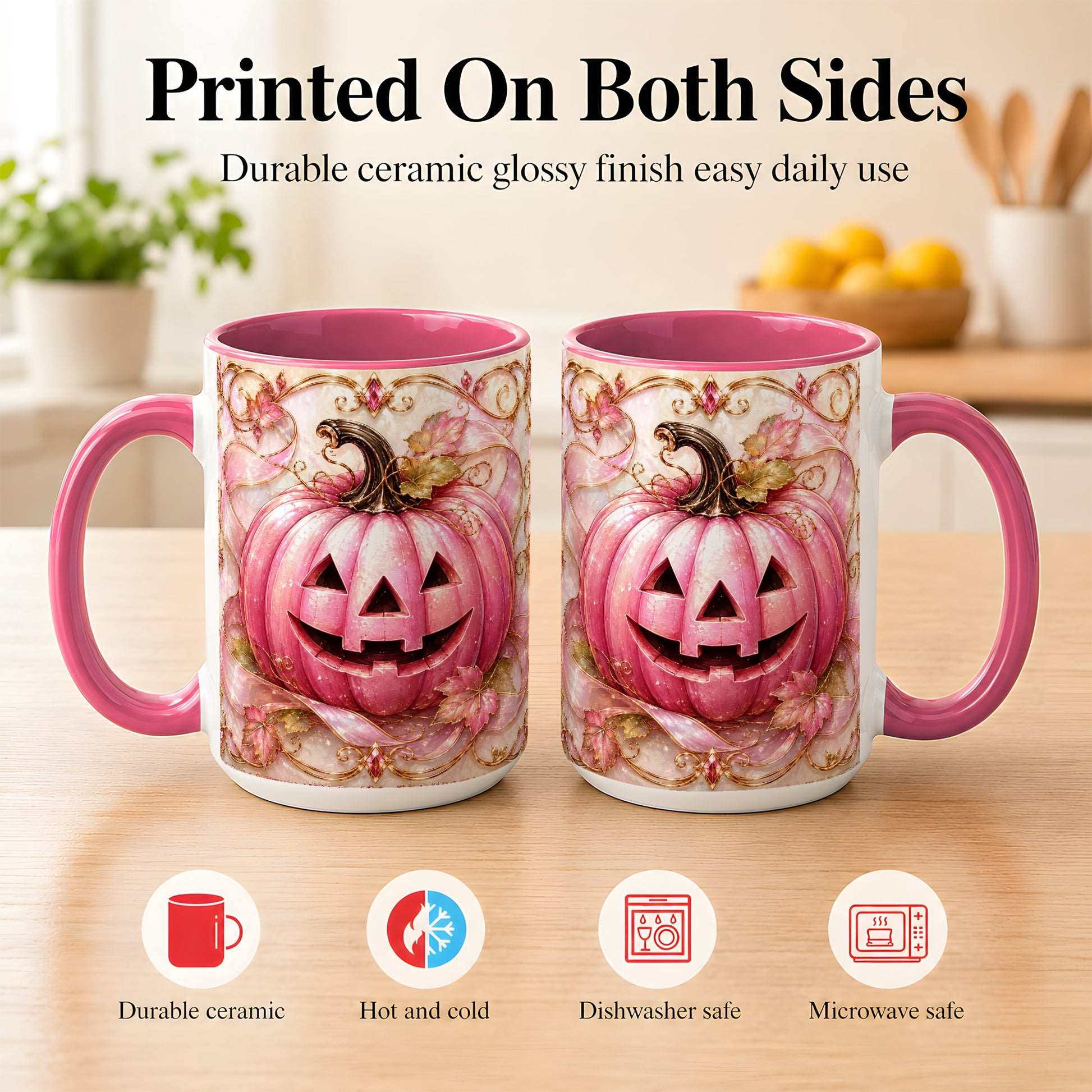 #pl[15oz|Pink] Pink Pumpkin Coffee Mug, Halloween Jack O Lantern Mug, Ceramic Cup
