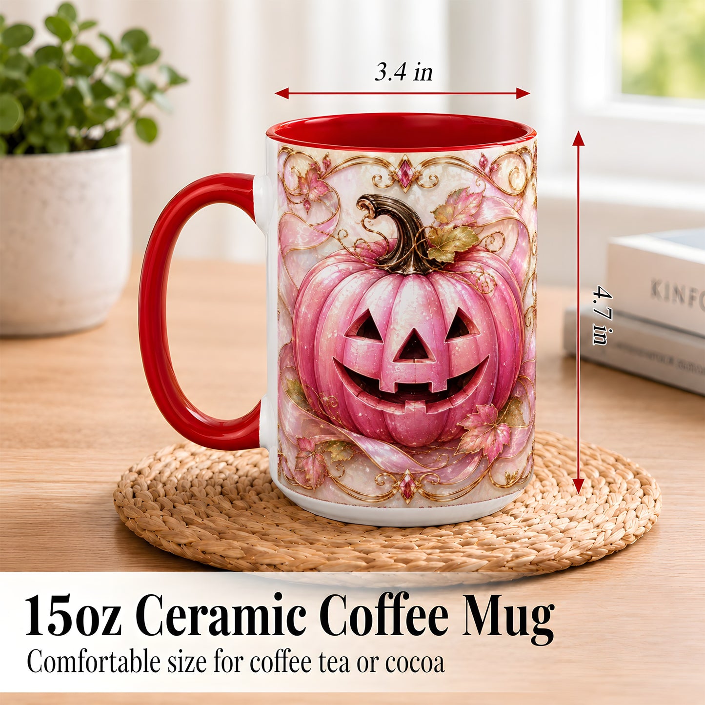 #pl[15oz|Red] Pink Pumpkin Coffee Mug, Halloween Jack O Lantern Mug, Ceramic Cup