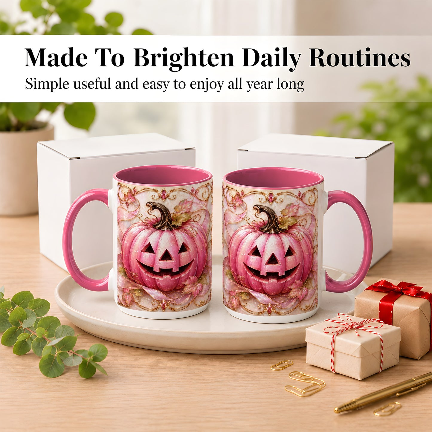 #pl[15oz|Pink] Pink Pumpkin Coffee Mug, Halloween Jack O Lantern Mug, Ceramic Cup