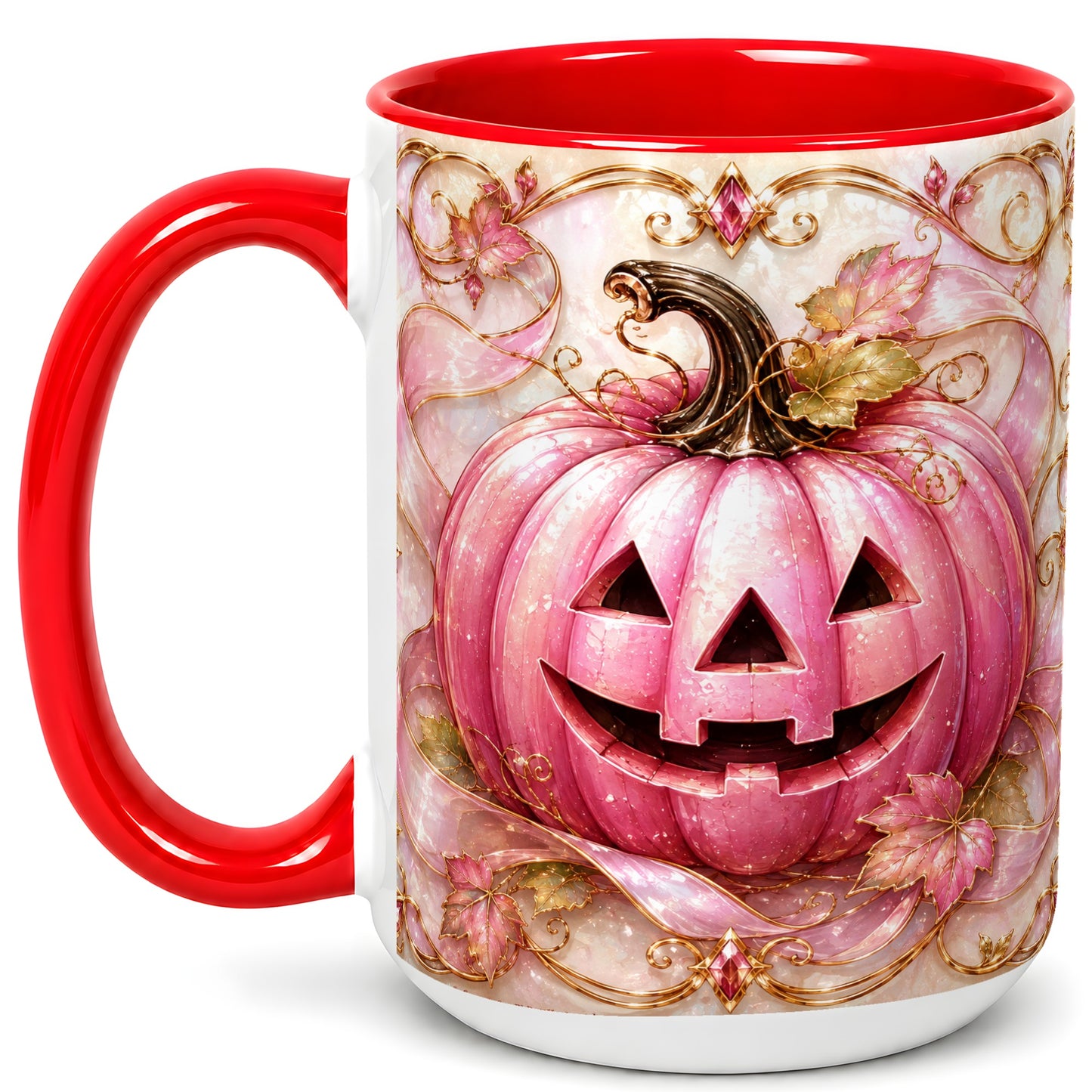 #pl[15oz|Red] Pink Pumpkin Coffee Mug, Halloween Jack O Lantern Mug, Ceramic Cup