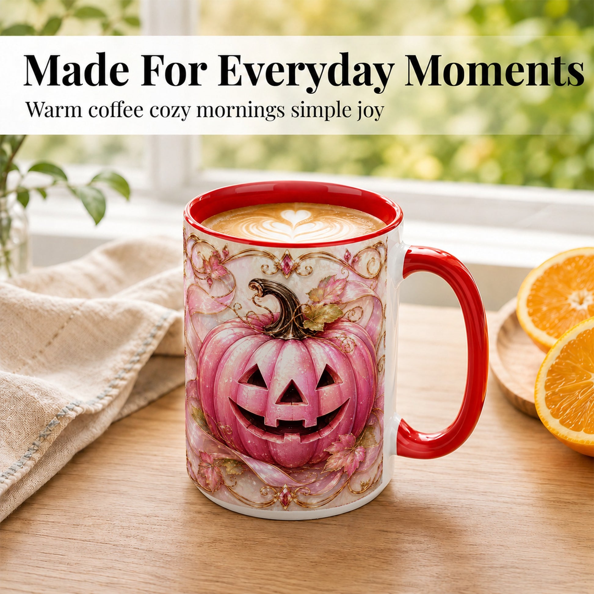 #pl[15oz|Red] Pink Pumpkin Coffee Mug, Halloween Jack O Lantern Mug, Ceramic Cup