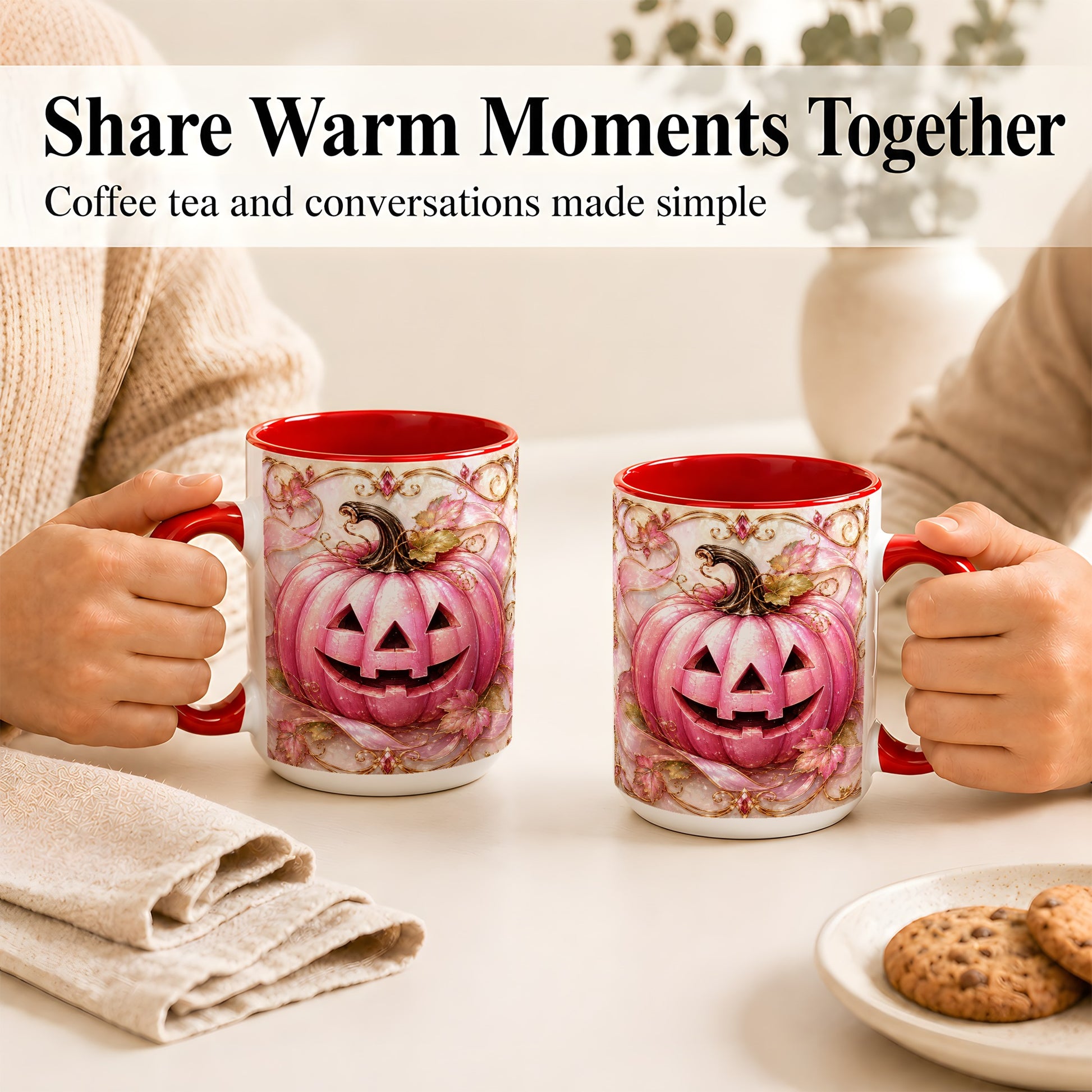 #pl[15oz|Red] Pink Pumpkin Coffee Mug, Halloween Jack O Lantern Mug, Ceramic Cup
