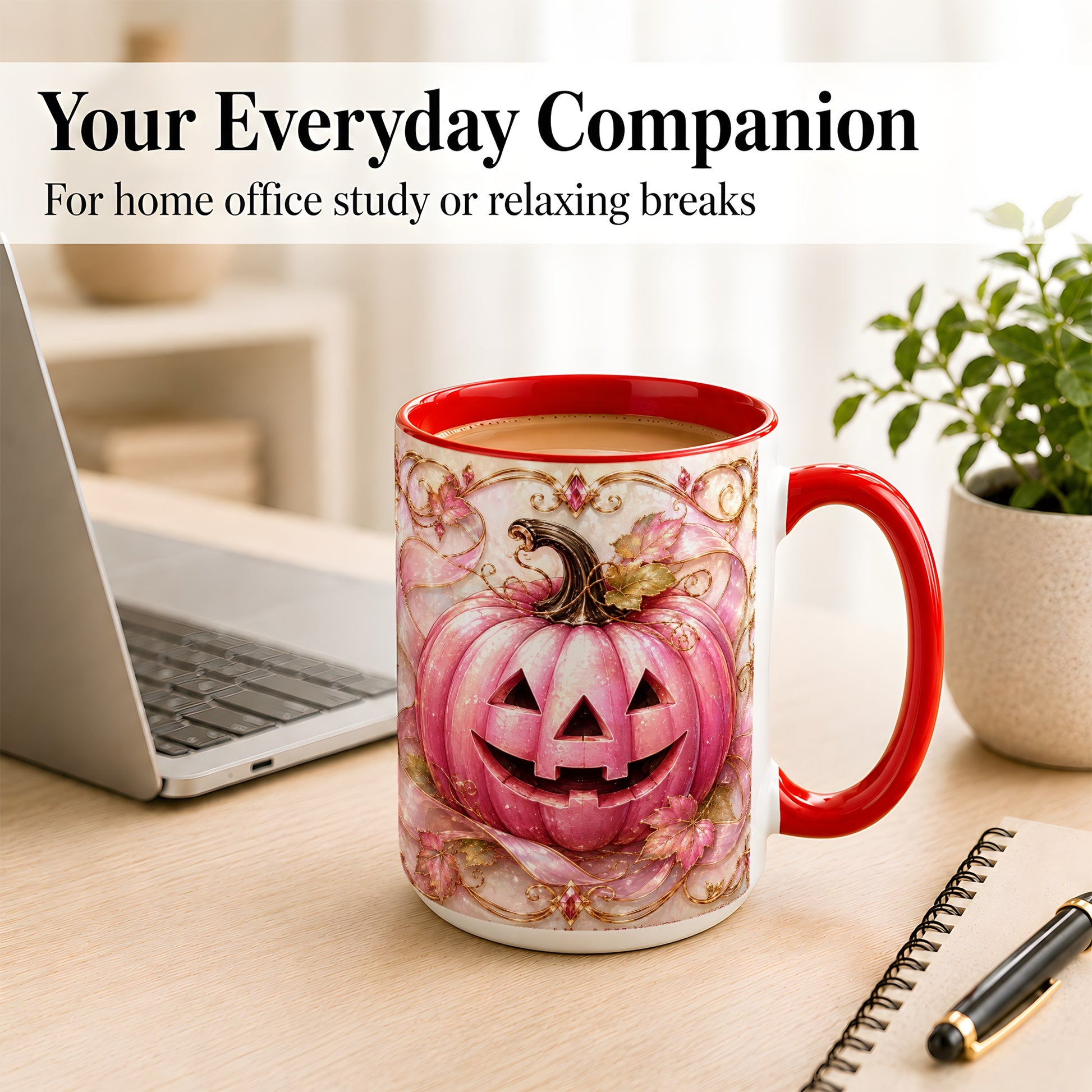 #pl[15oz|Red] Pink Pumpkin Coffee Mug, Halloween Jack O Lantern Mug, Ceramic Cup