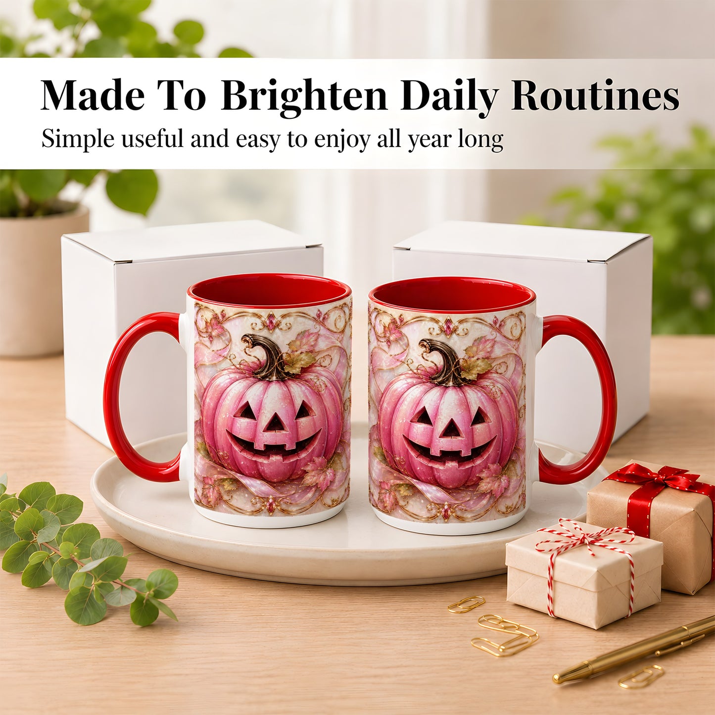 #pl[15oz|Red] Pink Pumpkin Coffee Mug, Halloween Jack O Lantern Mug, Ceramic Cup