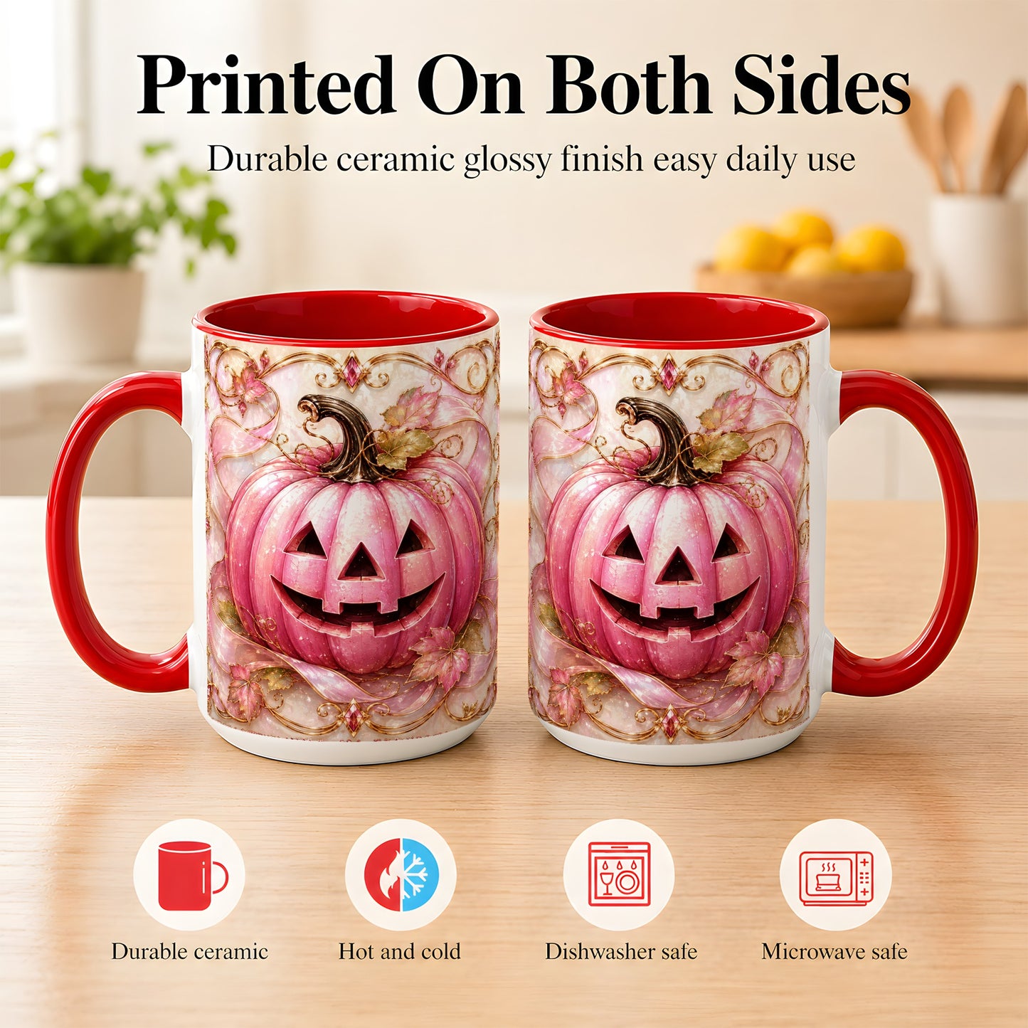 #pl[15oz|Red] Pink Pumpkin Coffee Mug, Halloween Jack O Lantern Mug, Ceramic Cup
