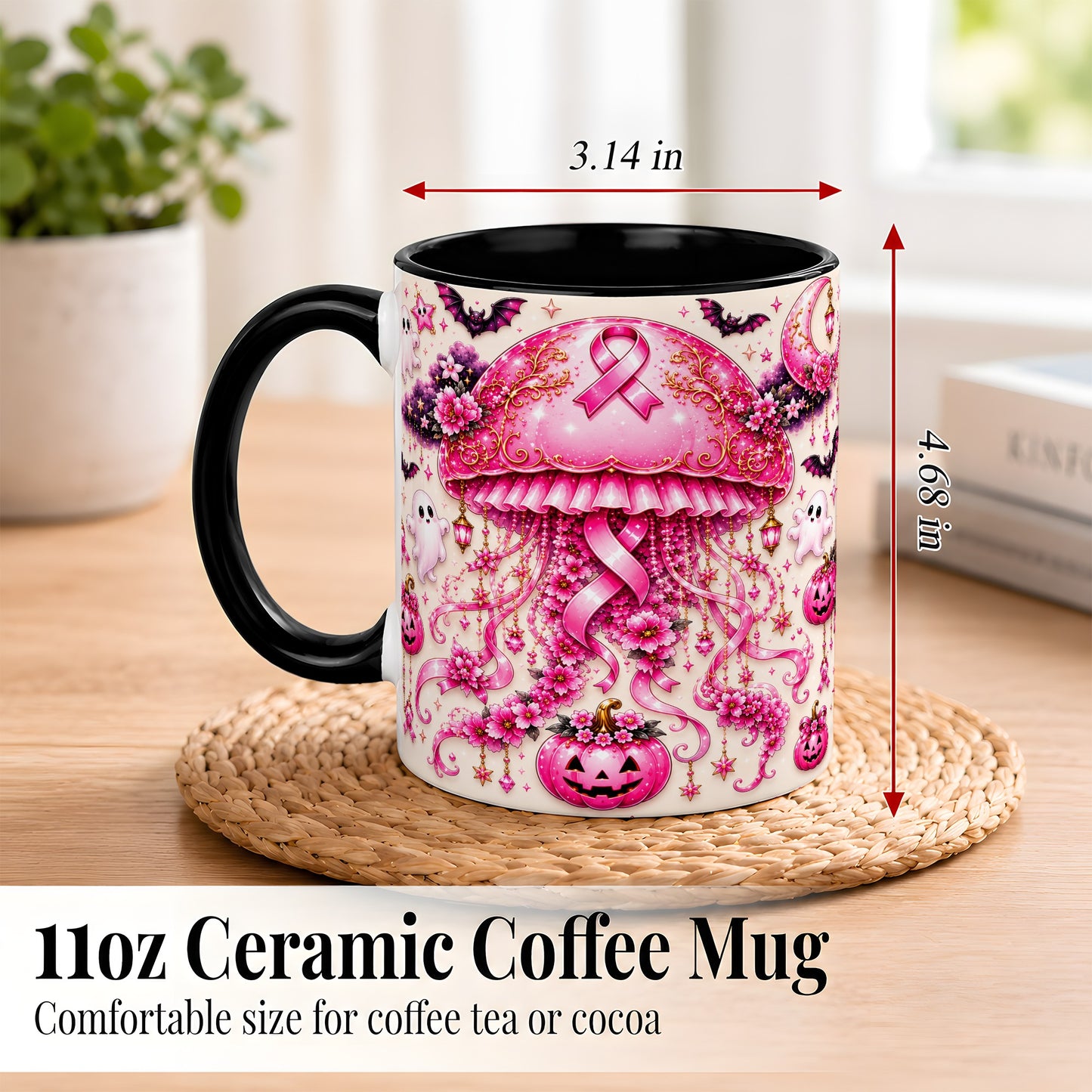 #pl[11oz|Black] Pink Ribbon Jellyfish Coffee Mug, Halloween Mug, Ceramic Cup