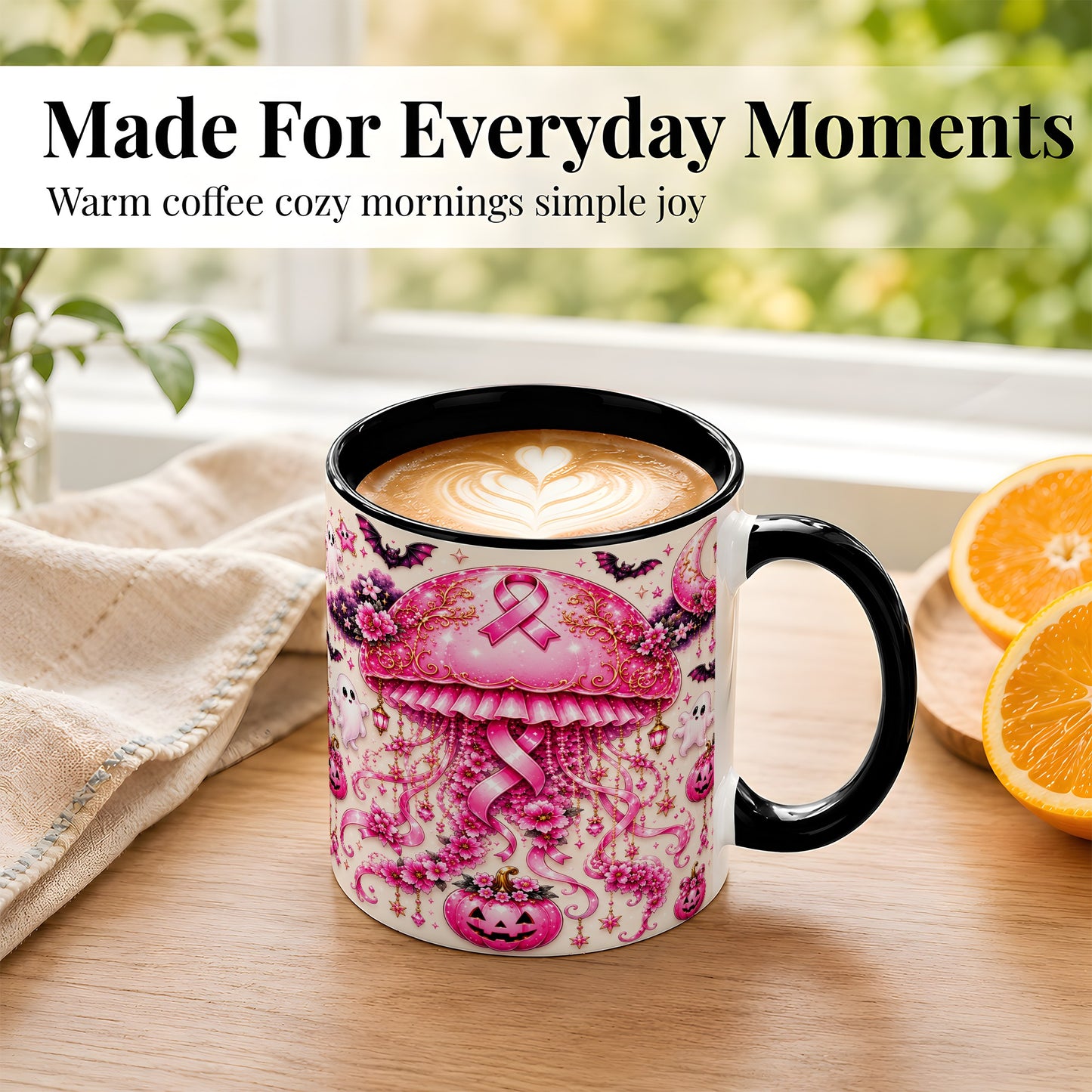 #pl[11oz|Black] Pink Ribbon Jellyfish Coffee Mug, Halloween Mug, Ceramic Cup
