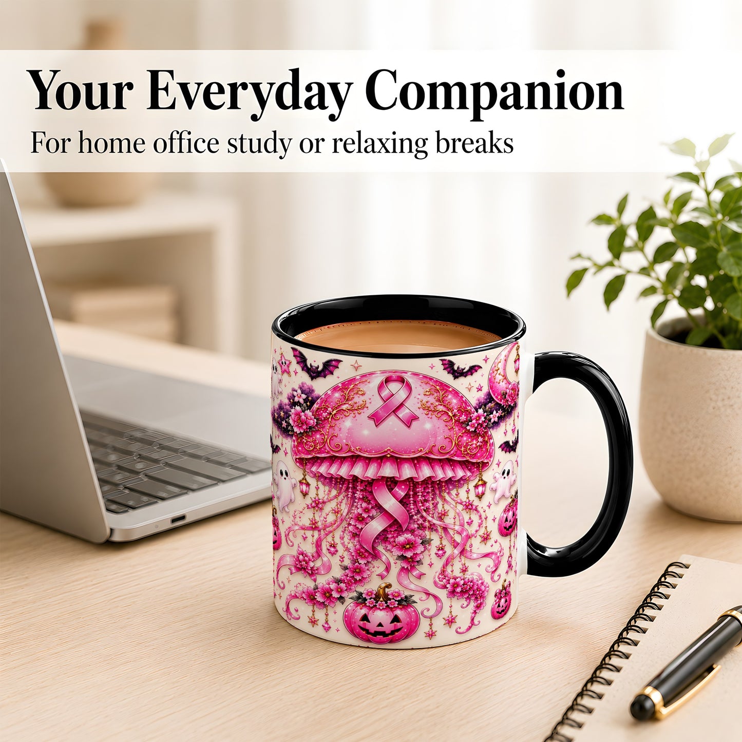 #pl[11oz|Black] Pink Ribbon Jellyfish Coffee Mug, Halloween Mug, Ceramic Cup