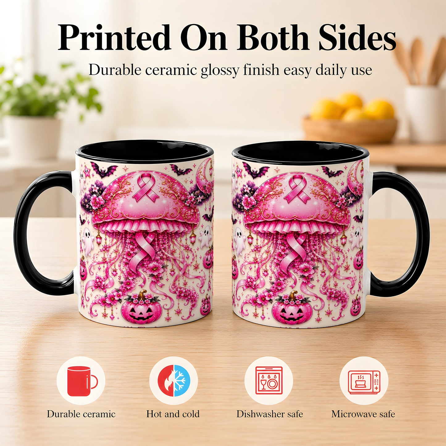 #pl[11oz|Black] Pink Ribbon Jellyfish Coffee Mug, Halloween Mug, Ceramic Cup