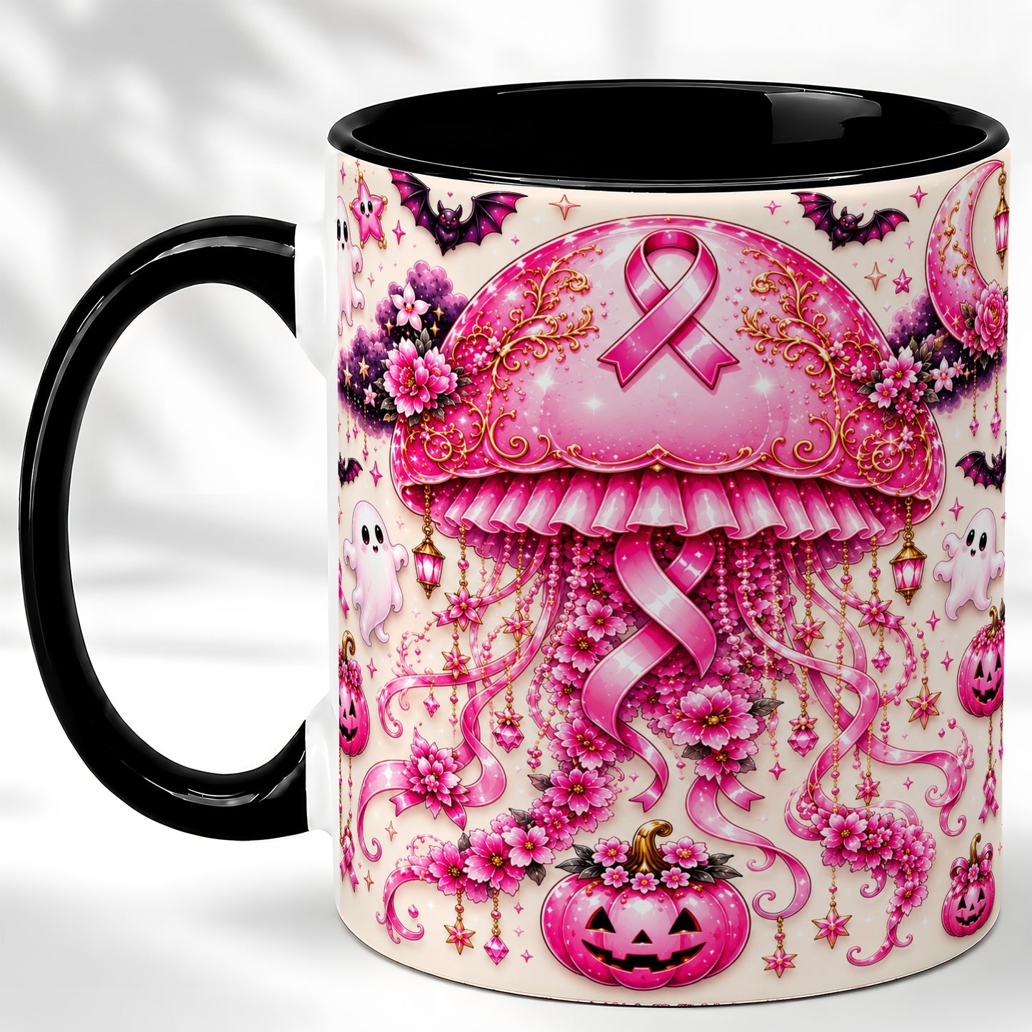 #pl[11oz|Black] Pink Ribbon Jellyfish Coffee Mug, Halloween Mug, Ceramic Cup