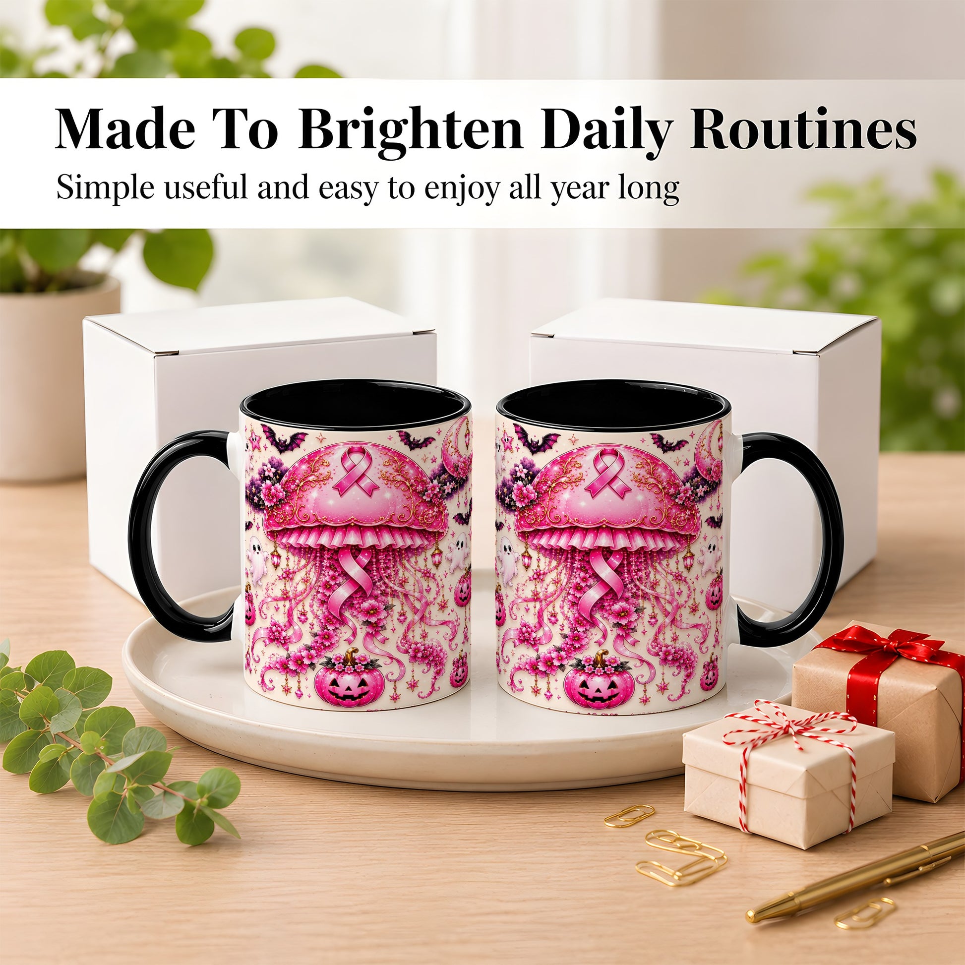 #pl[11oz|Black] Pink Ribbon Jellyfish Coffee Mug, Halloween Mug, Ceramic Cup