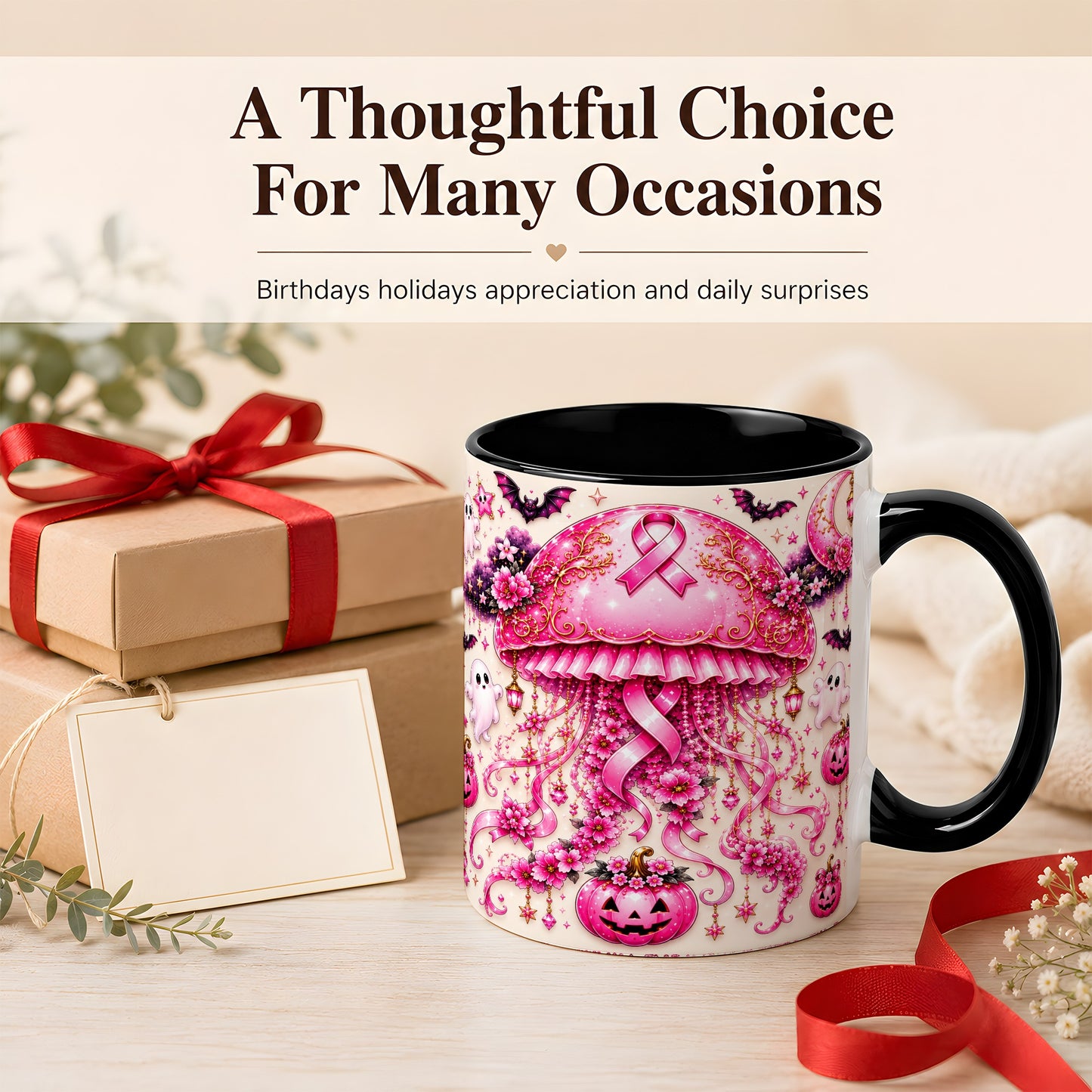 #pl[11oz|Black] Pink Ribbon Jellyfish Coffee Mug, Halloween Mug, Ceramic Cup