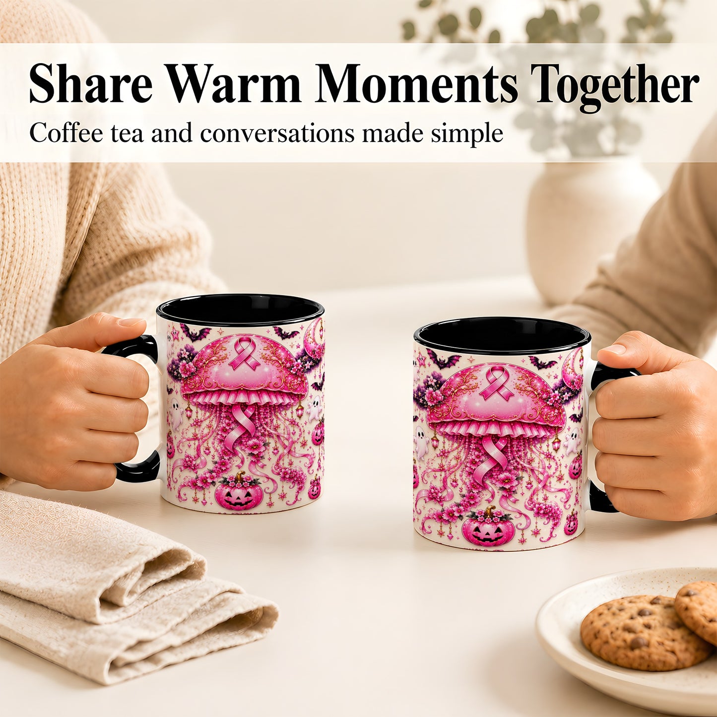 #pl[11oz|Black] Pink Ribbon Jellyfish Coffee Mug, Halloween Mug, Ceramic Cup