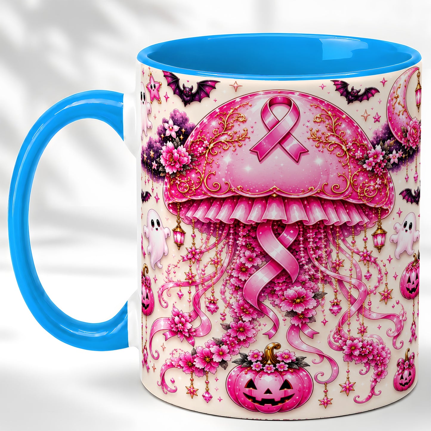 #pl[11oz|Blue] Pink Ribbon Jellyfish Coffee Mug, Halloween Mug, Ceramic Cup