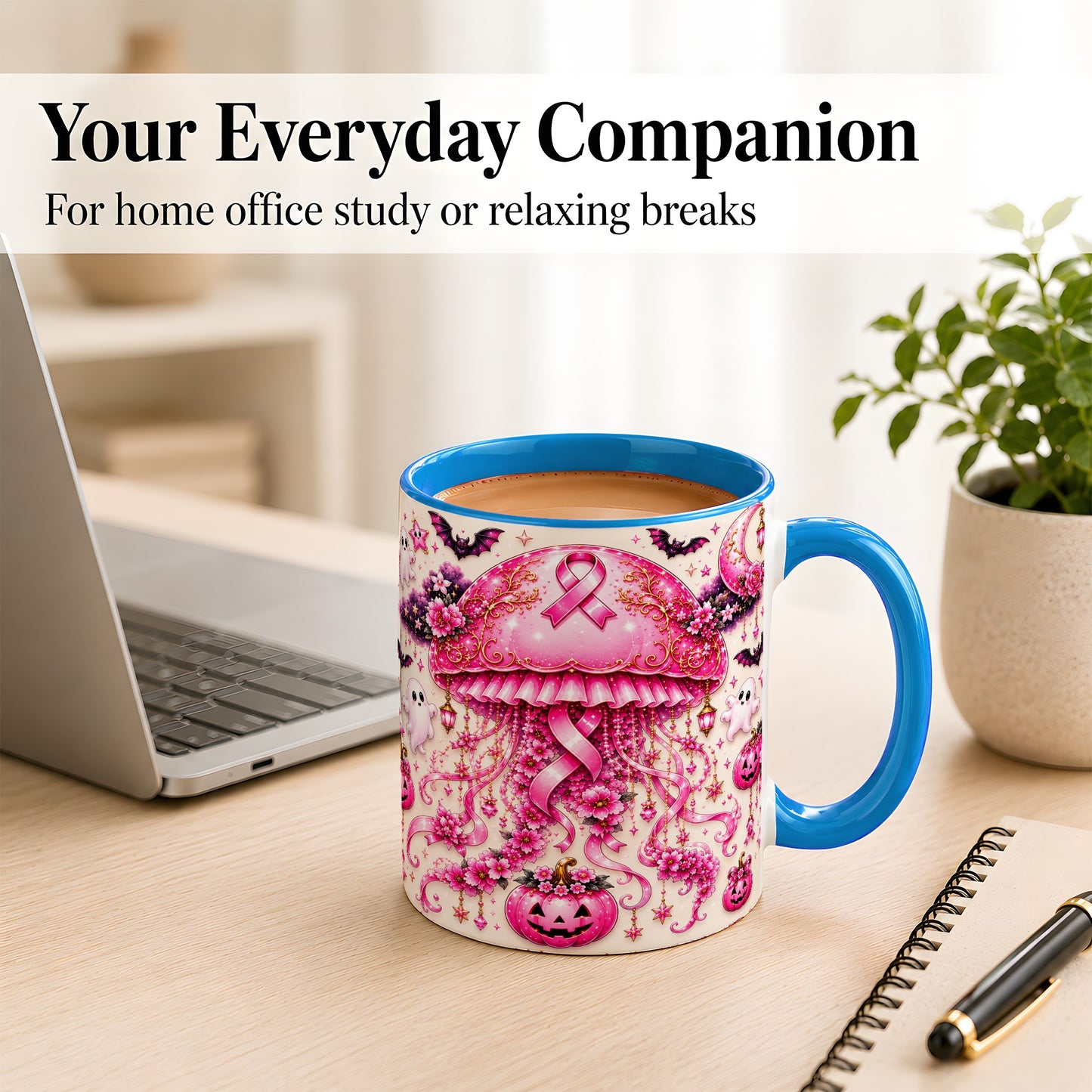 #pl[11oz|Blue] Pink Ribbon Jellyfish Coffee Mug, Halloween Mug, Ceramic Cup