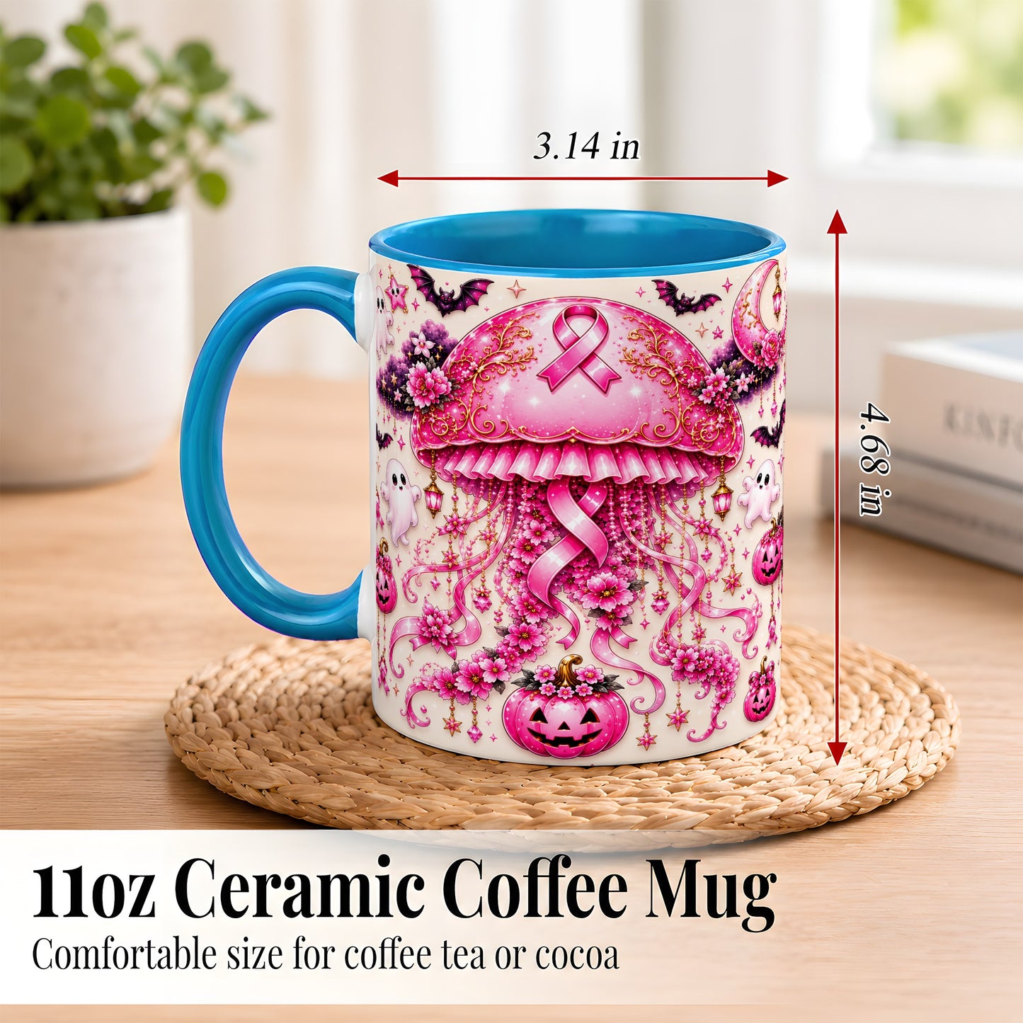 #pl[11oz|Blue] Pink Ribbon Jellyfish Coffee Mug, Halloween Mug, Ceramic Cup