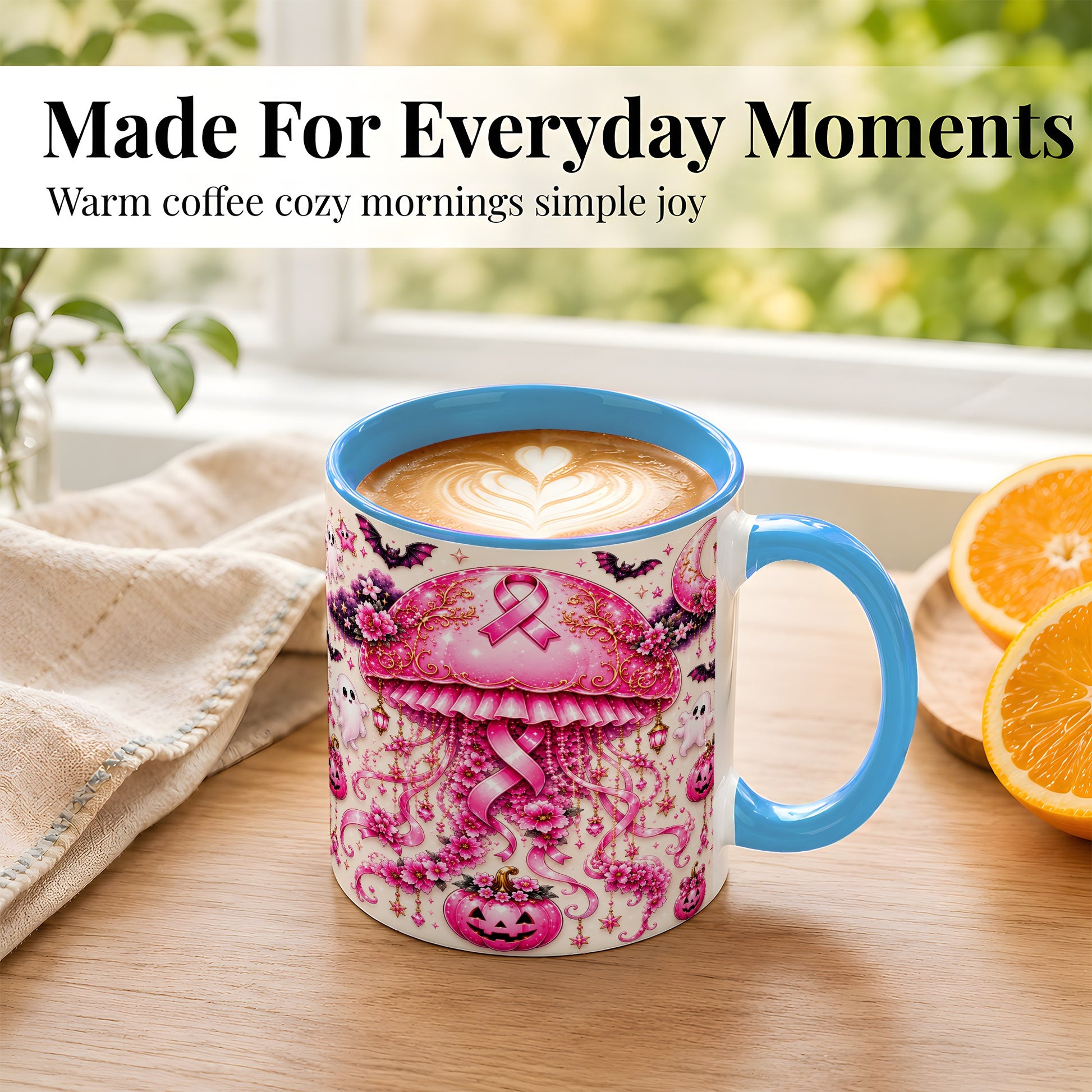 #pl[11oz|Blue] Pink Ribbon Jellyfish Coffee Mug, Halloween Mug, Ceramic Cup