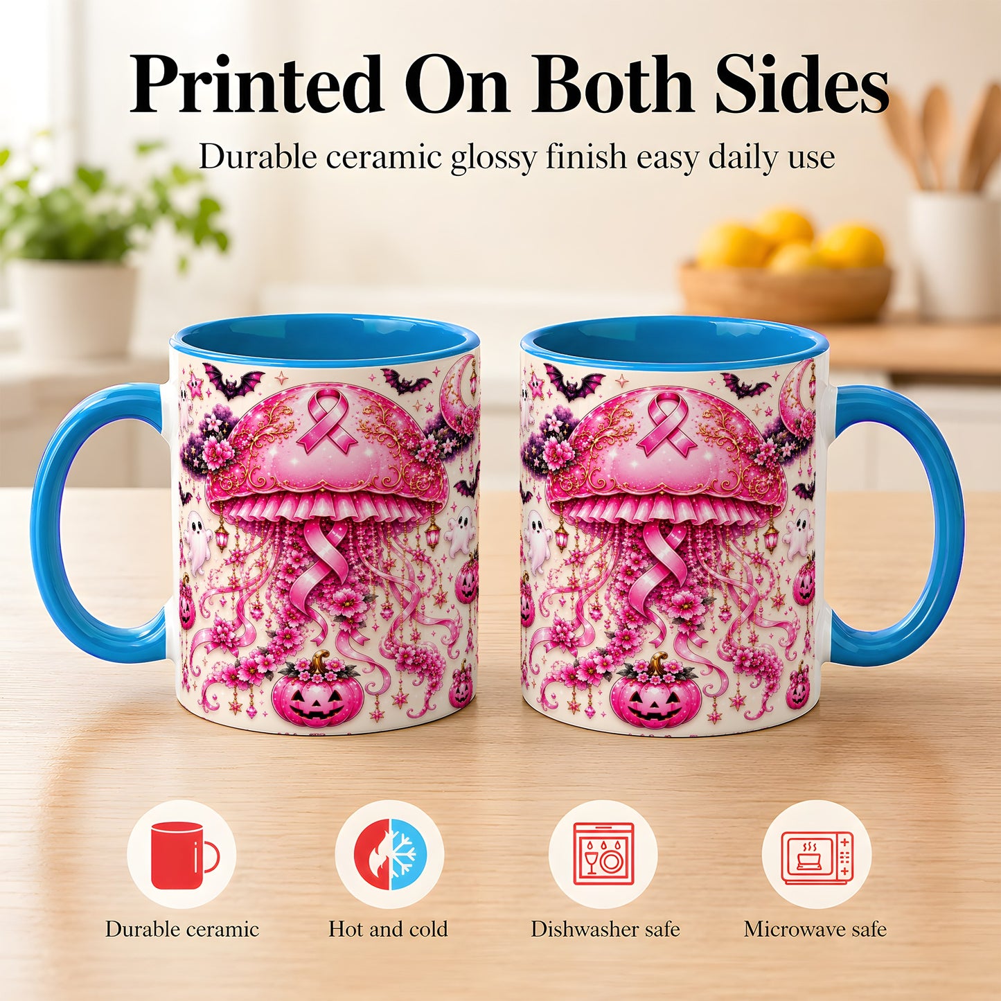 #pl[11oz|Blue] Pink Ribbon Jellyfish Coffee Mug, Halloween Mug, Ceramic Cup