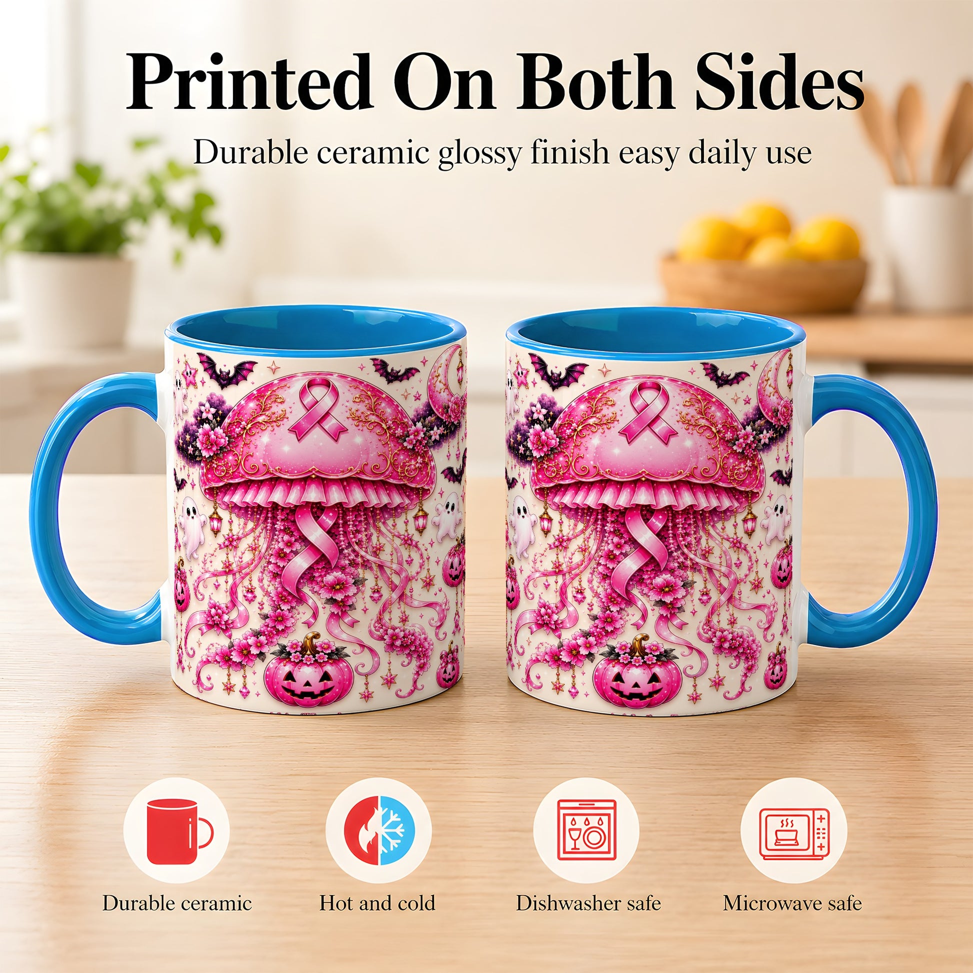 #pl[11oz|Blue] Pink Ribbon Jellyfish Coffee Mug, Halloween Mug, Ceramic Cup