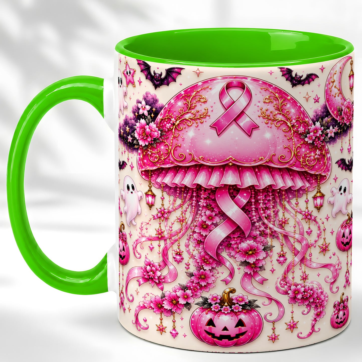 #pl[11oz|Green] Pink Ribbon Jellyfish Coffee Mug, Halloween Mug, Ceramic Cup