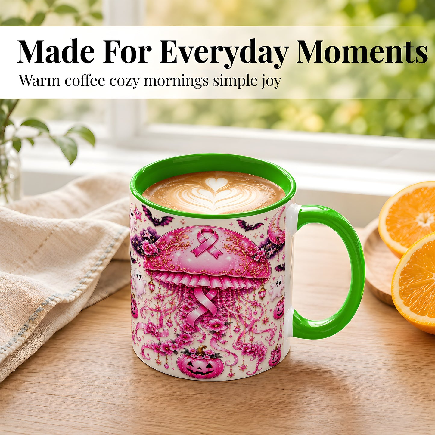 #pl[11oz|Green] Pink Ribbon Jellyfish Coffee Mug, Halloween Mug, Ceramic Cup